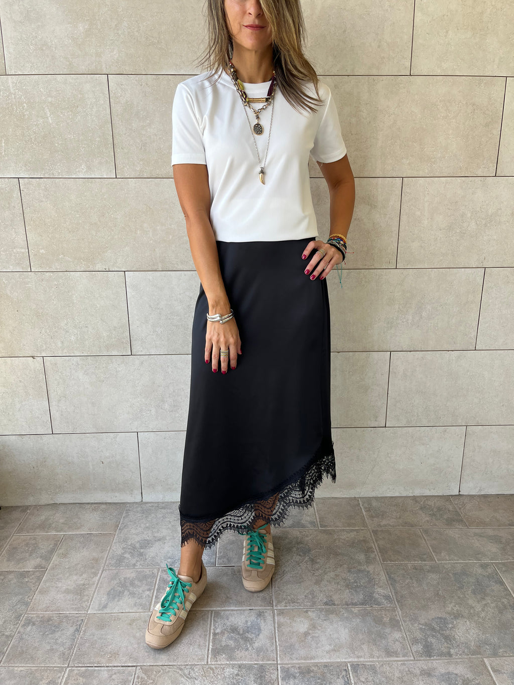 Asymmetrical Satin Lace Skirt