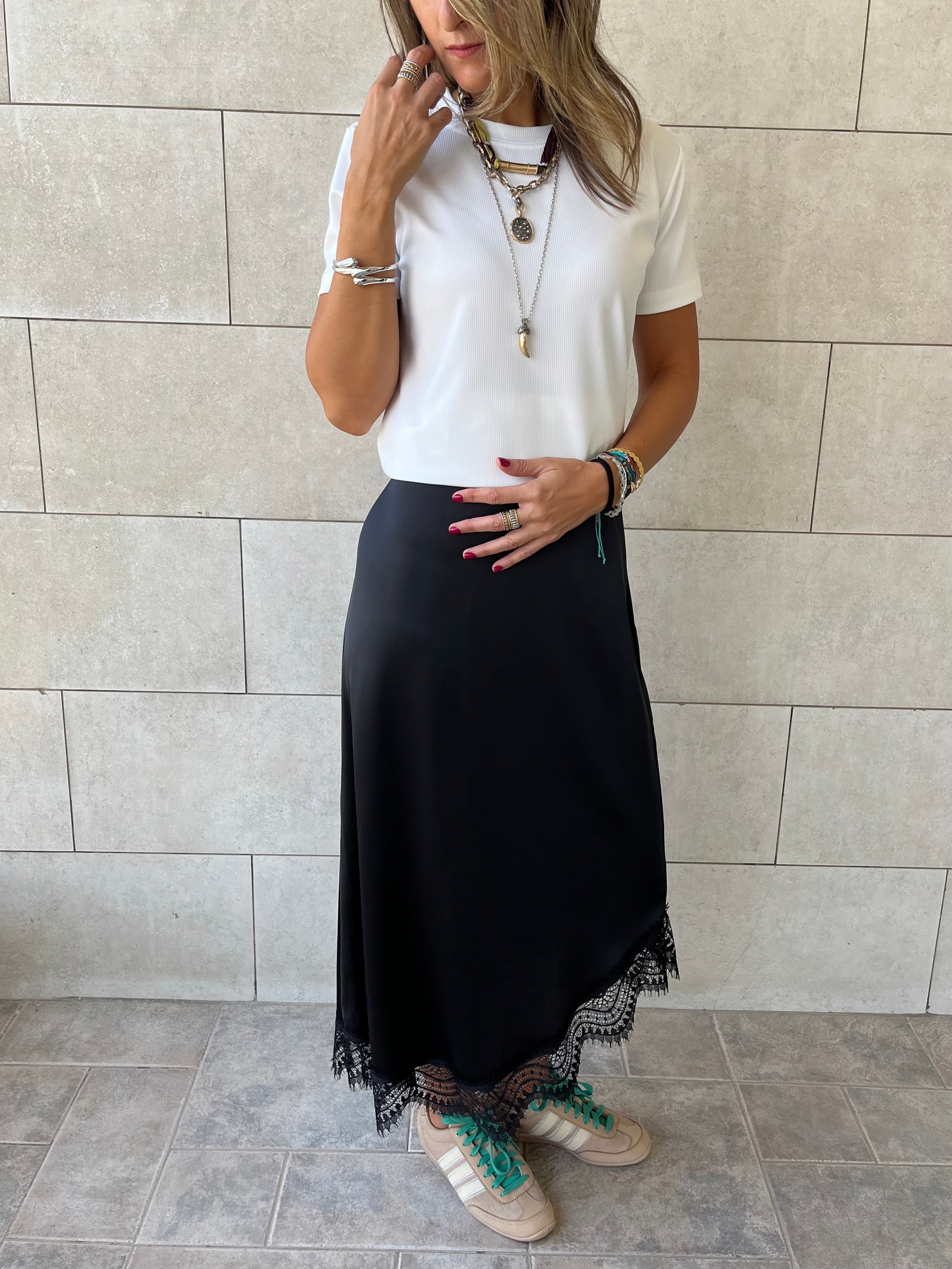 Asymmetrical Satin Lace Skirt