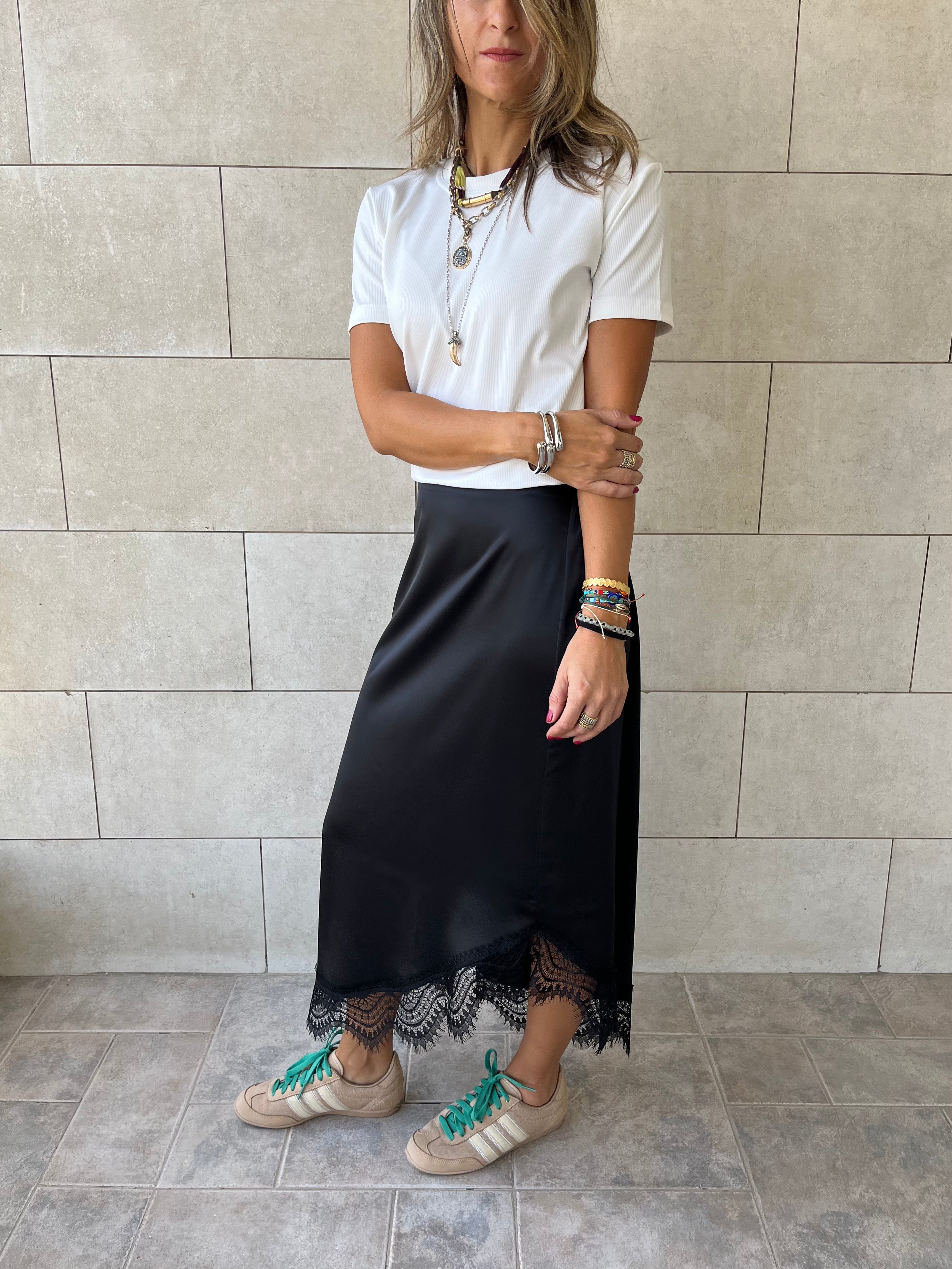 Asymmetrical Satin Lace Skirt
