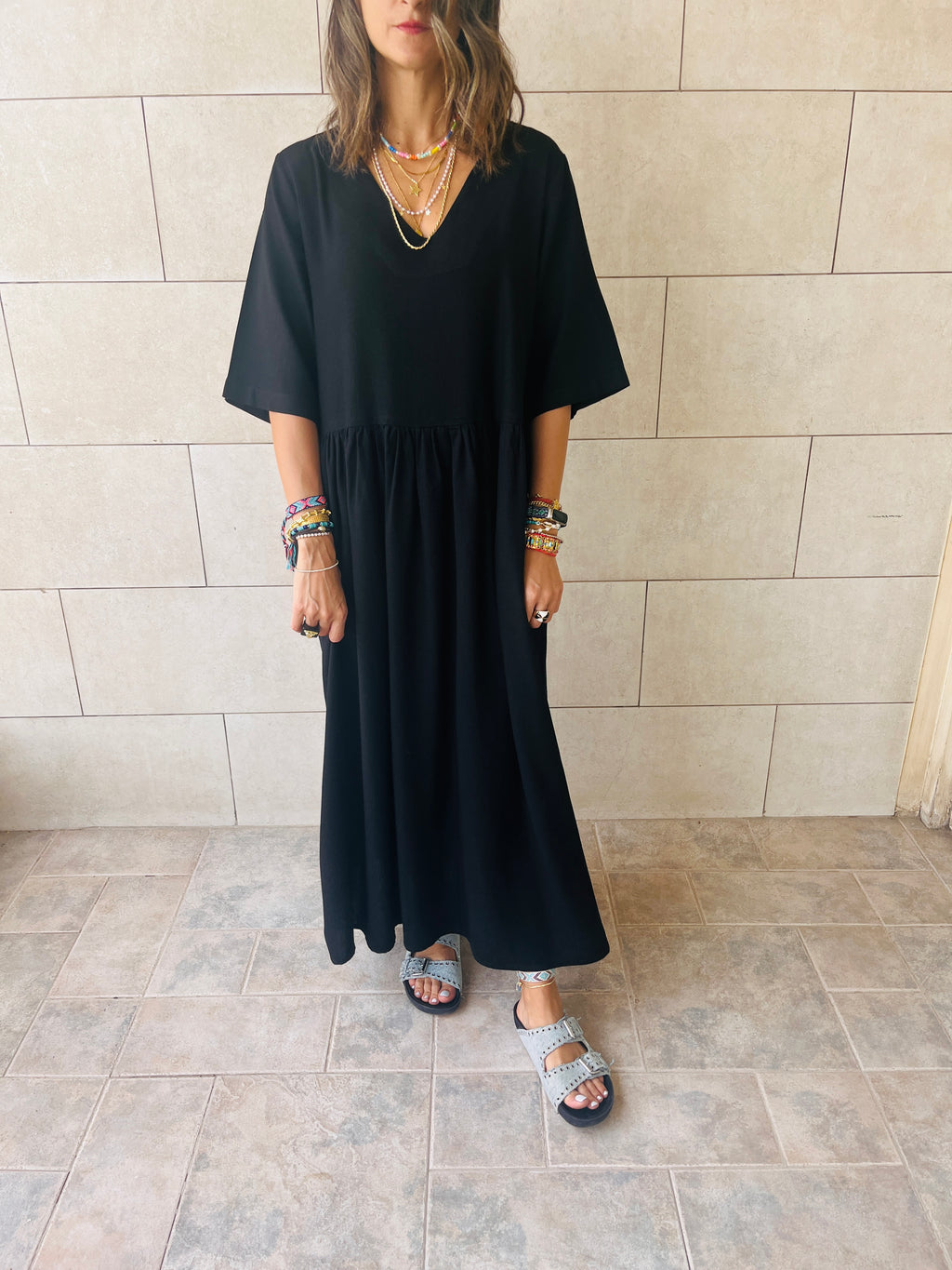 Black Flows As It Goes Linen Dress