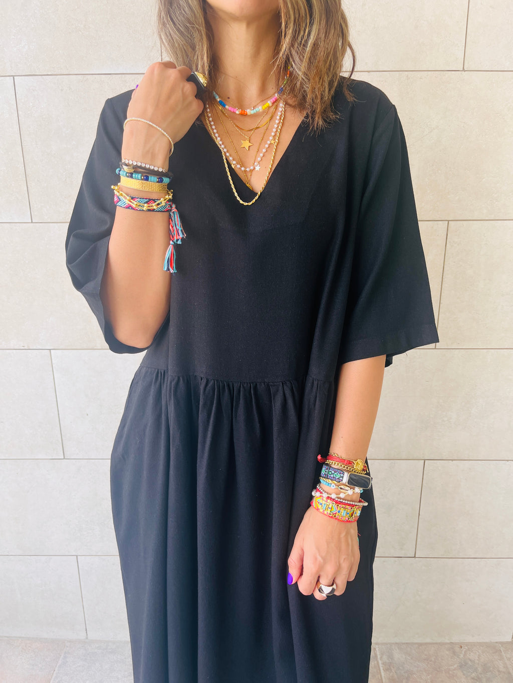 Black Flows As It Goes Linen Dress