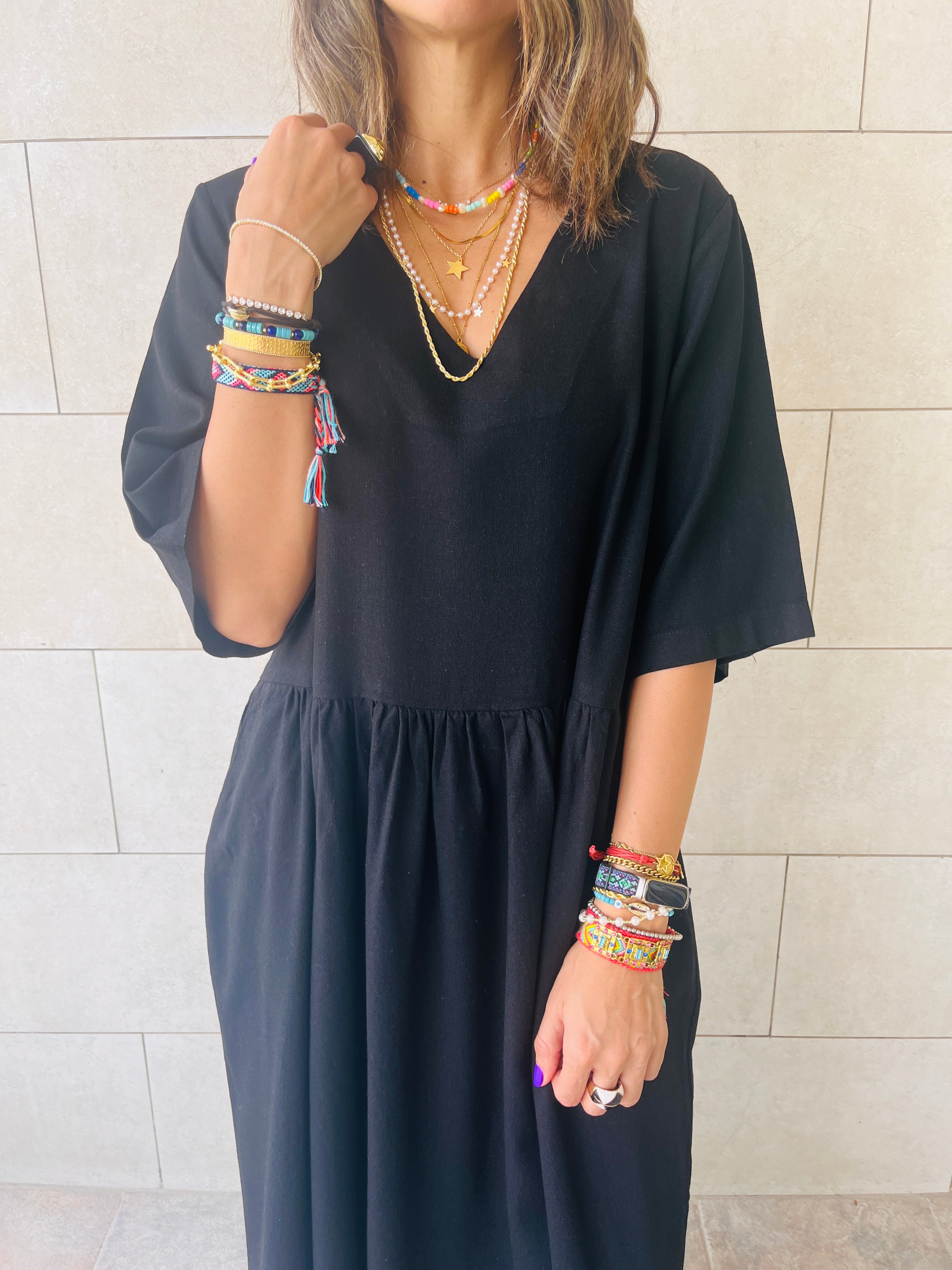 Black Flows As It Goes Linen Dress