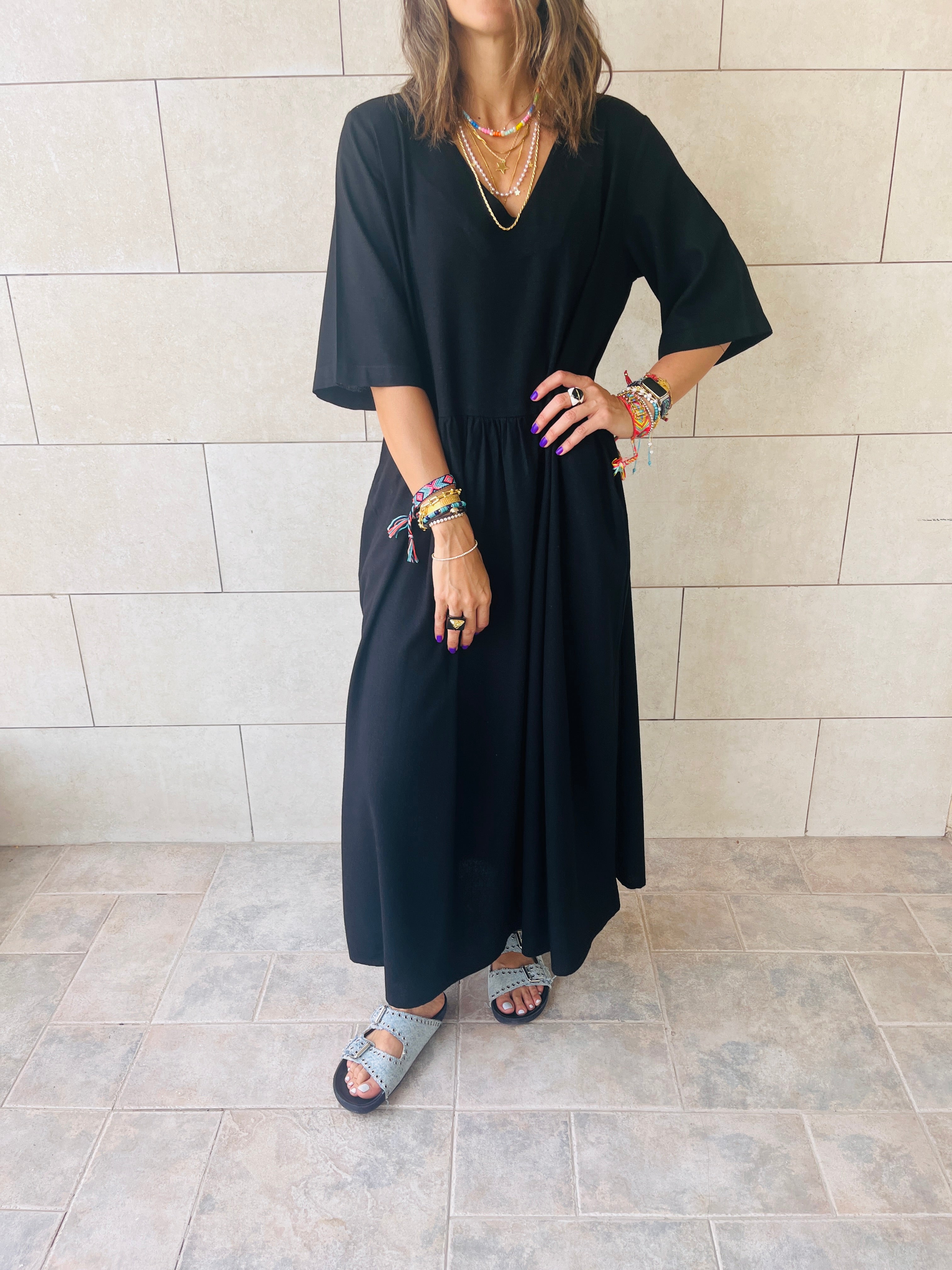 Black Flows As It Goes Linen Dress