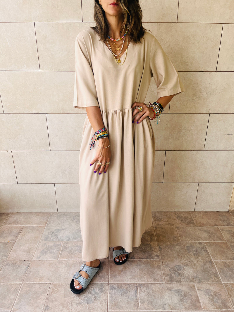 Beige Flows As It Goes Linen Dress