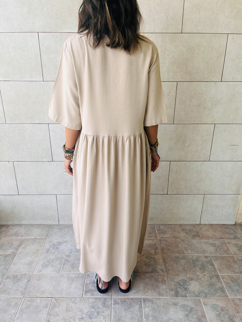 Beige Flows As It Goes Linen Dress