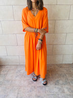 Orange Flows As It Goes Linen Dress