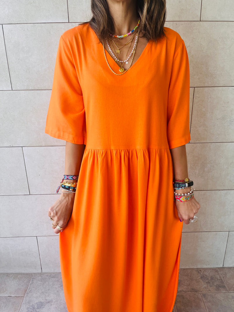 Orange Flows As It Goes Linen Dress