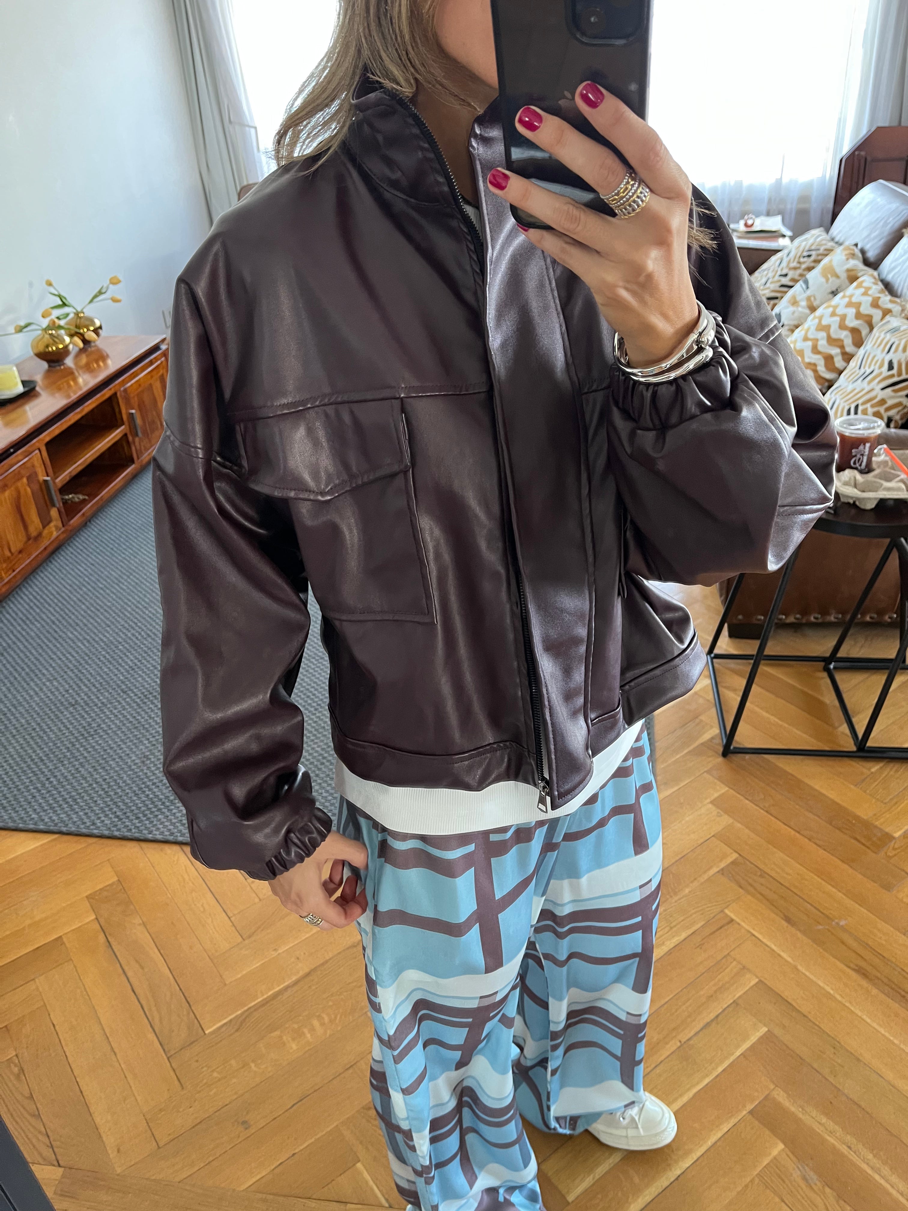 Plum Funnel Neck Leather Jacket