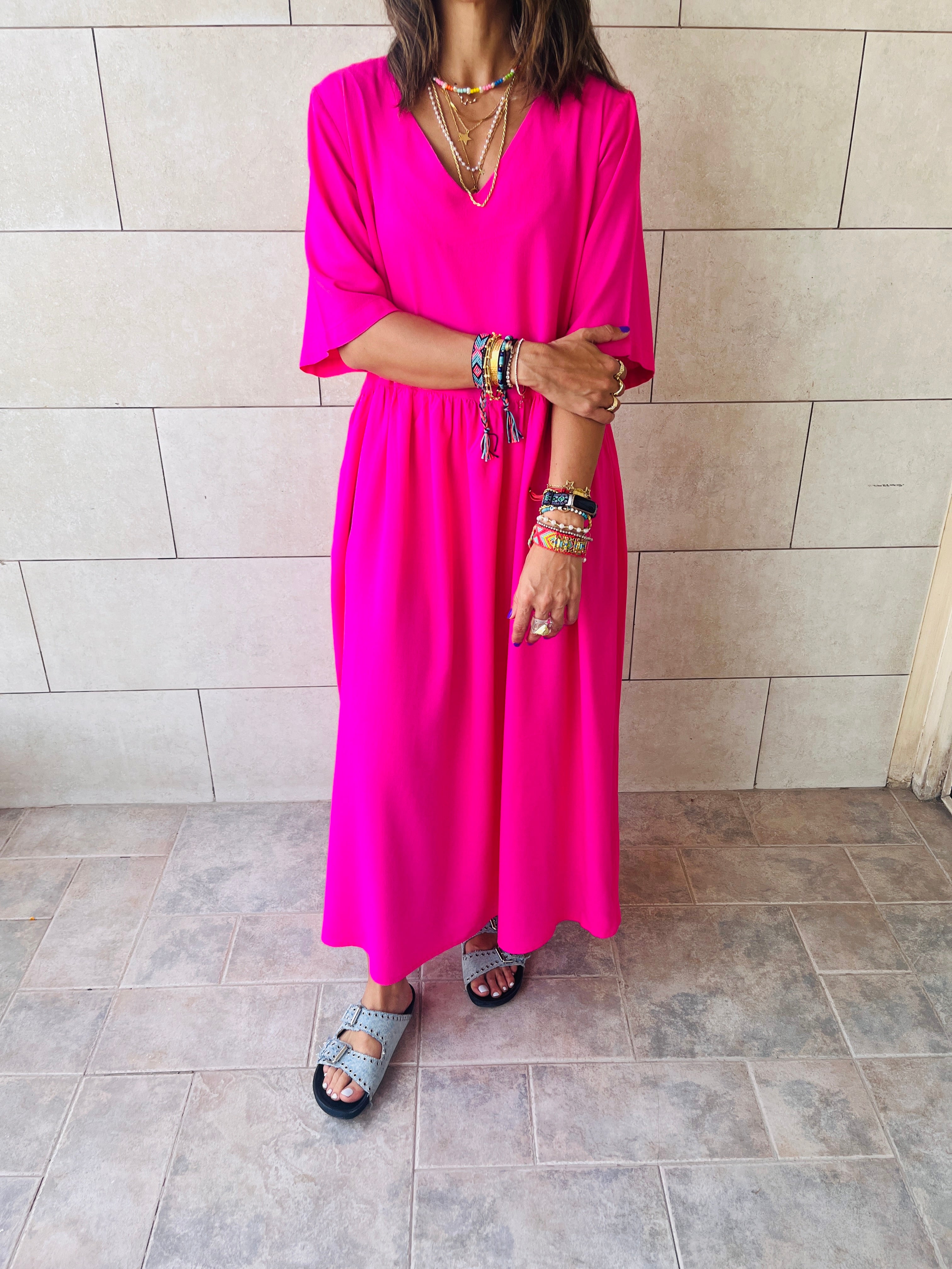 Fuchsia Flows As It Goes Linen Dress