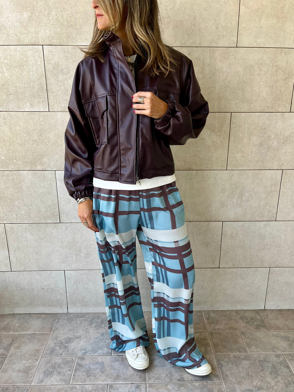 Plum Funnel Neck Leather Jacket