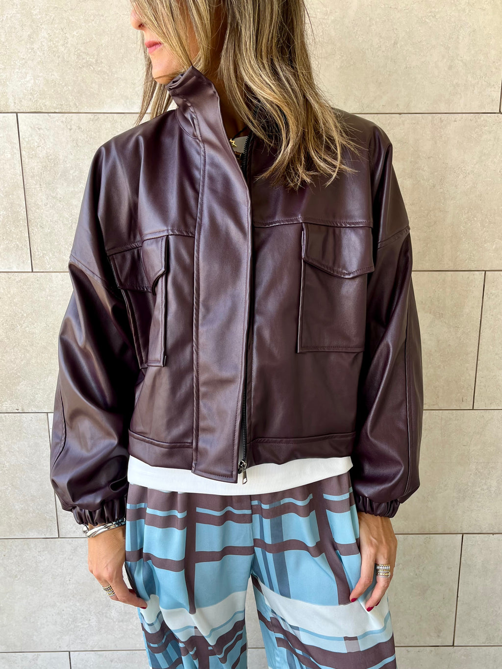 Plum Funnel Neck Leather Jacket
