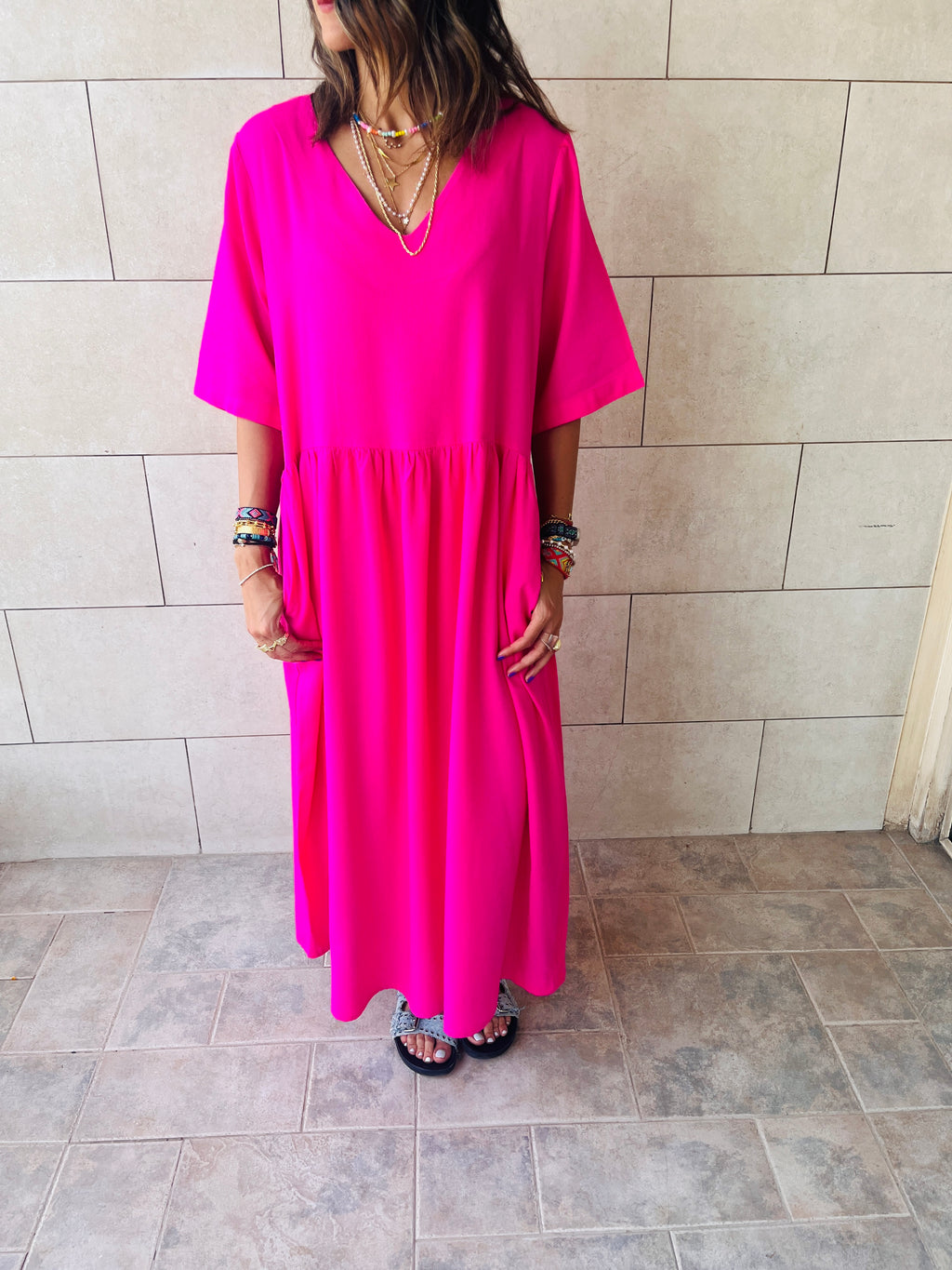 Fuchsia Flows As It Goes Linen Dress