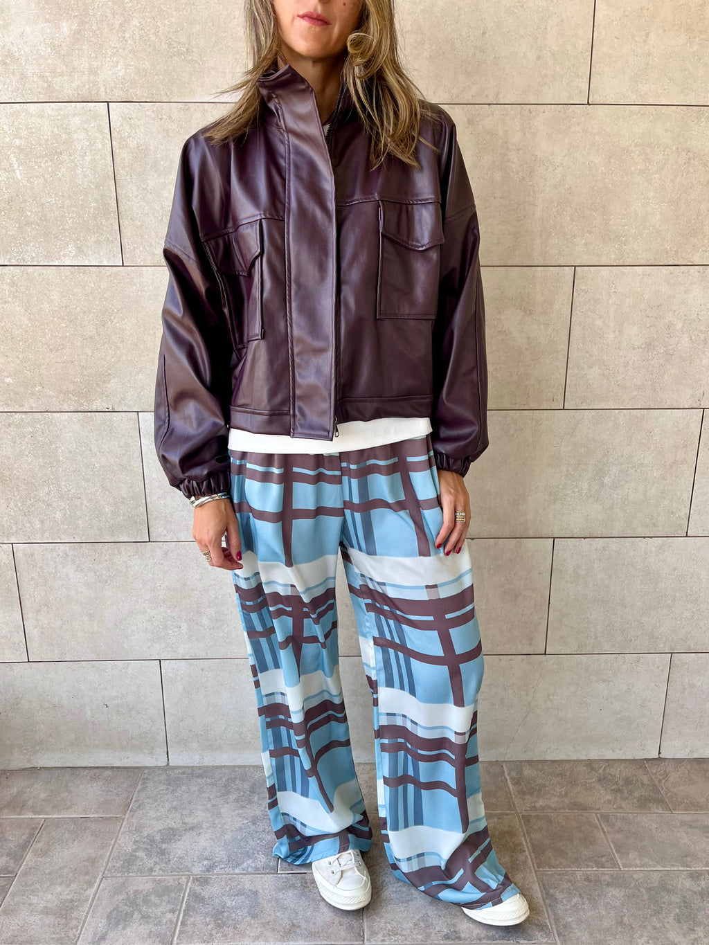 Plum Funnel Neck Leather Jacket