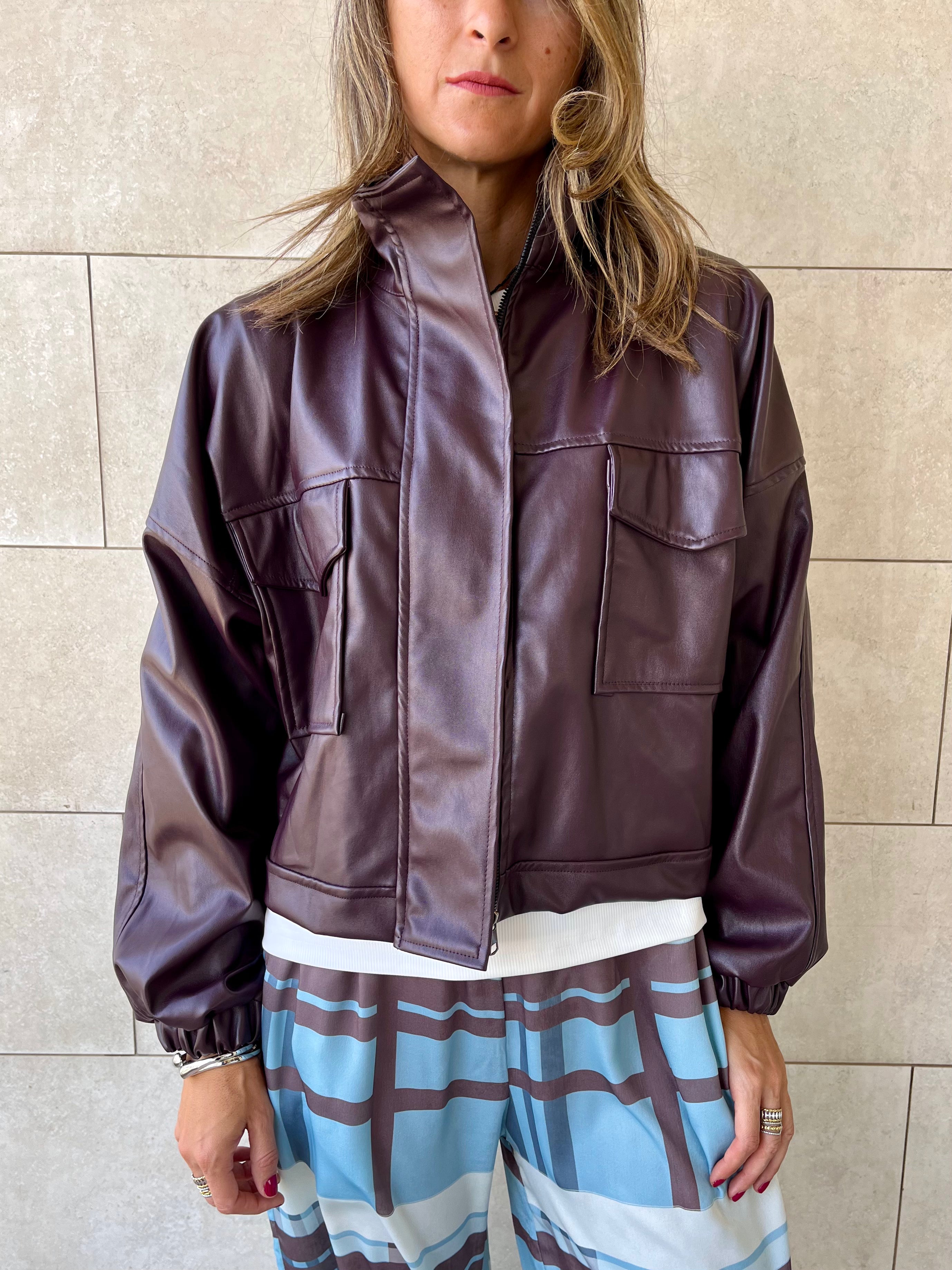 Plum Funnel Neck Leather Jacket