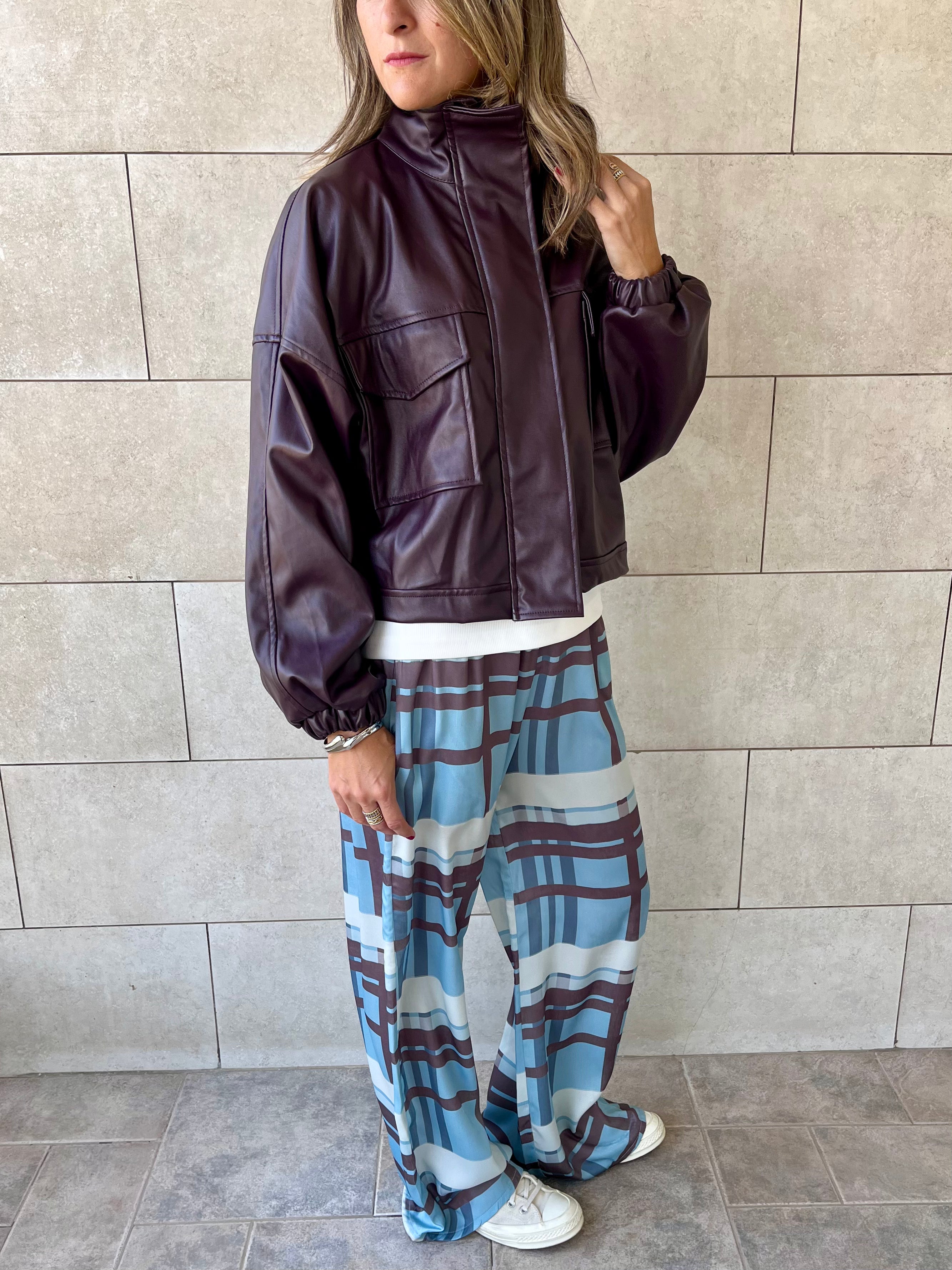 Plum Funnel Neck Leather Jacket