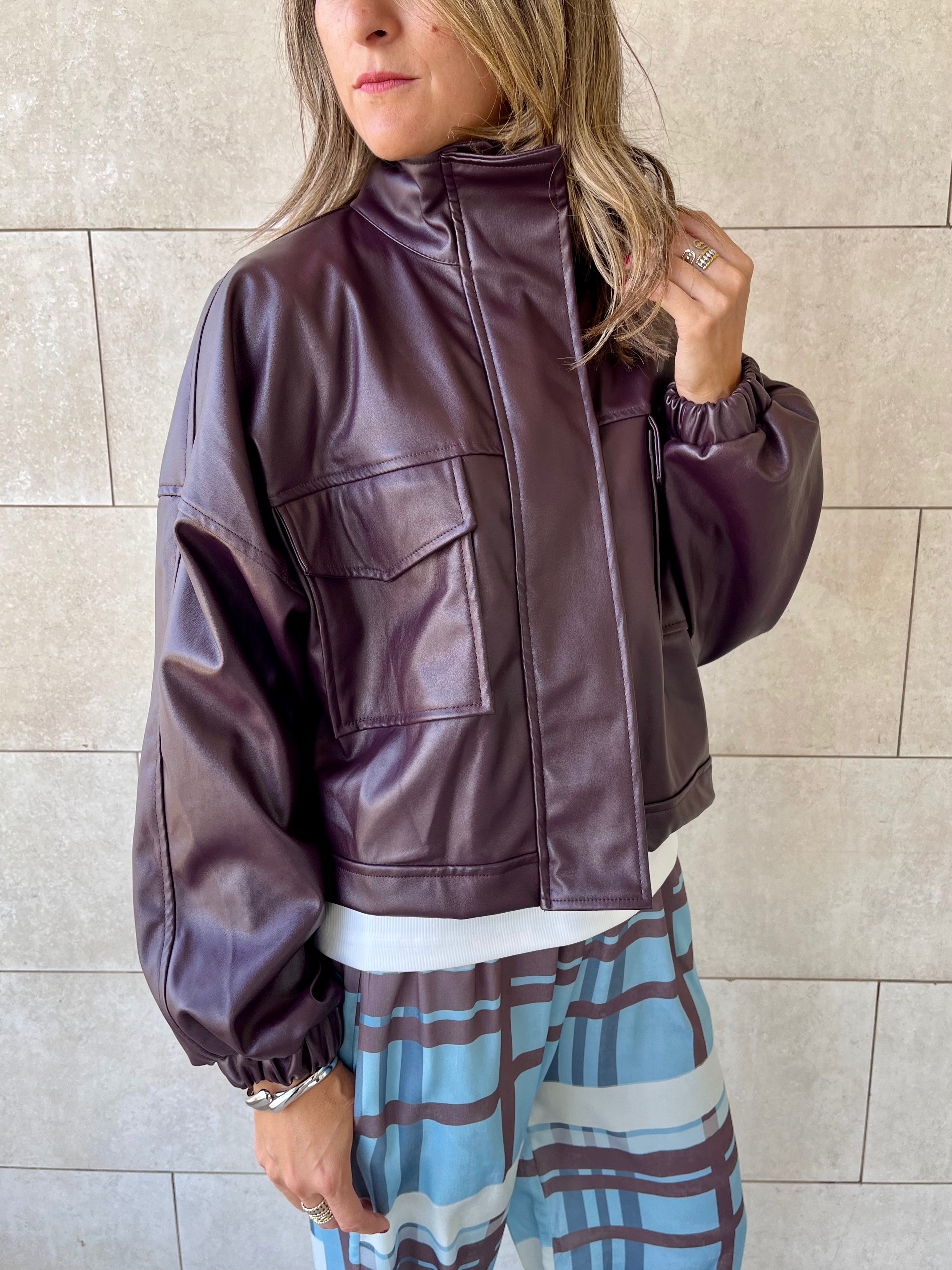 Plum Funnel Neck Leather Jacket