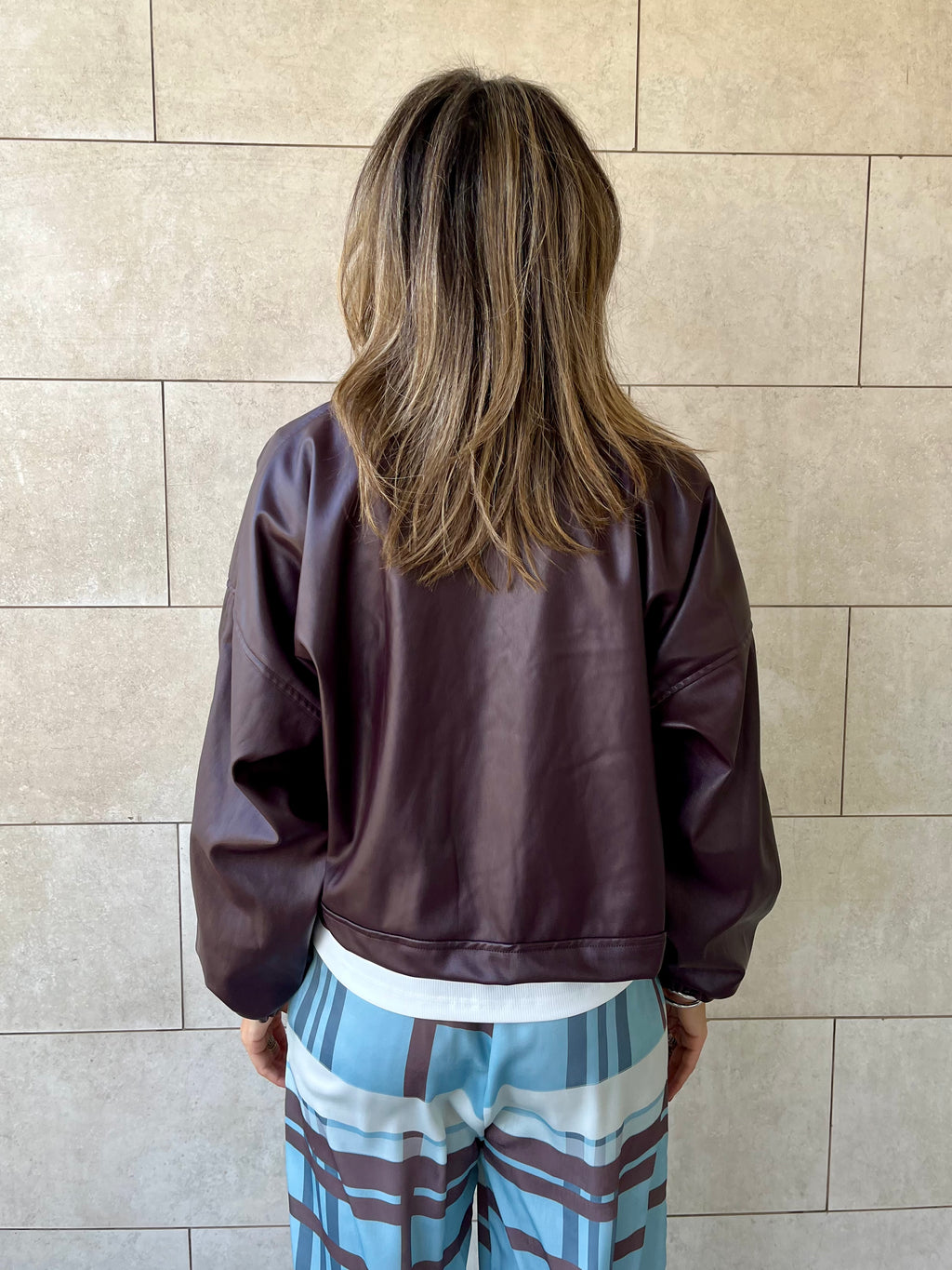 Plum Funnel Neck Leather Jacket