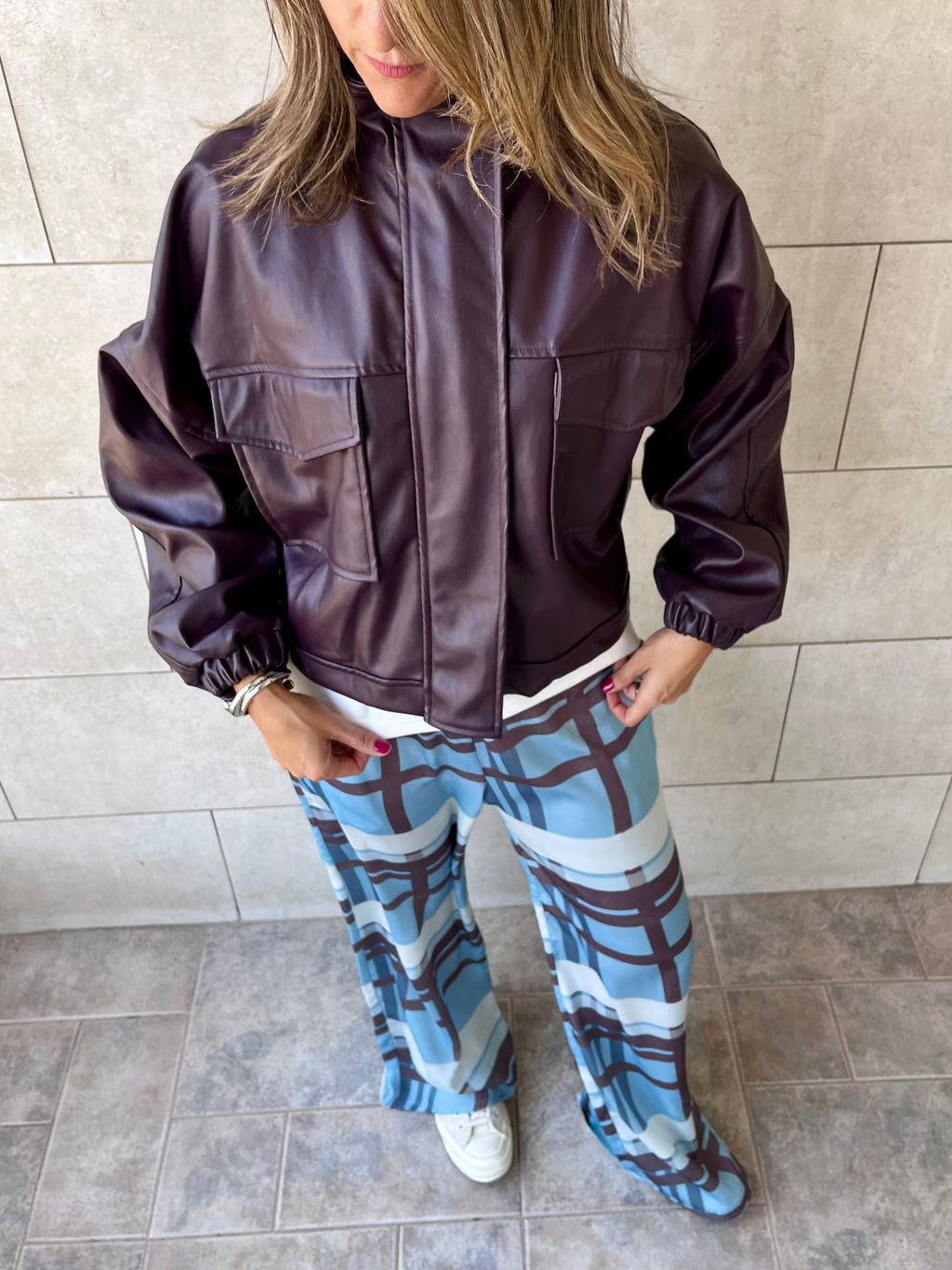 Plum Funnel Neck Leather Jacket