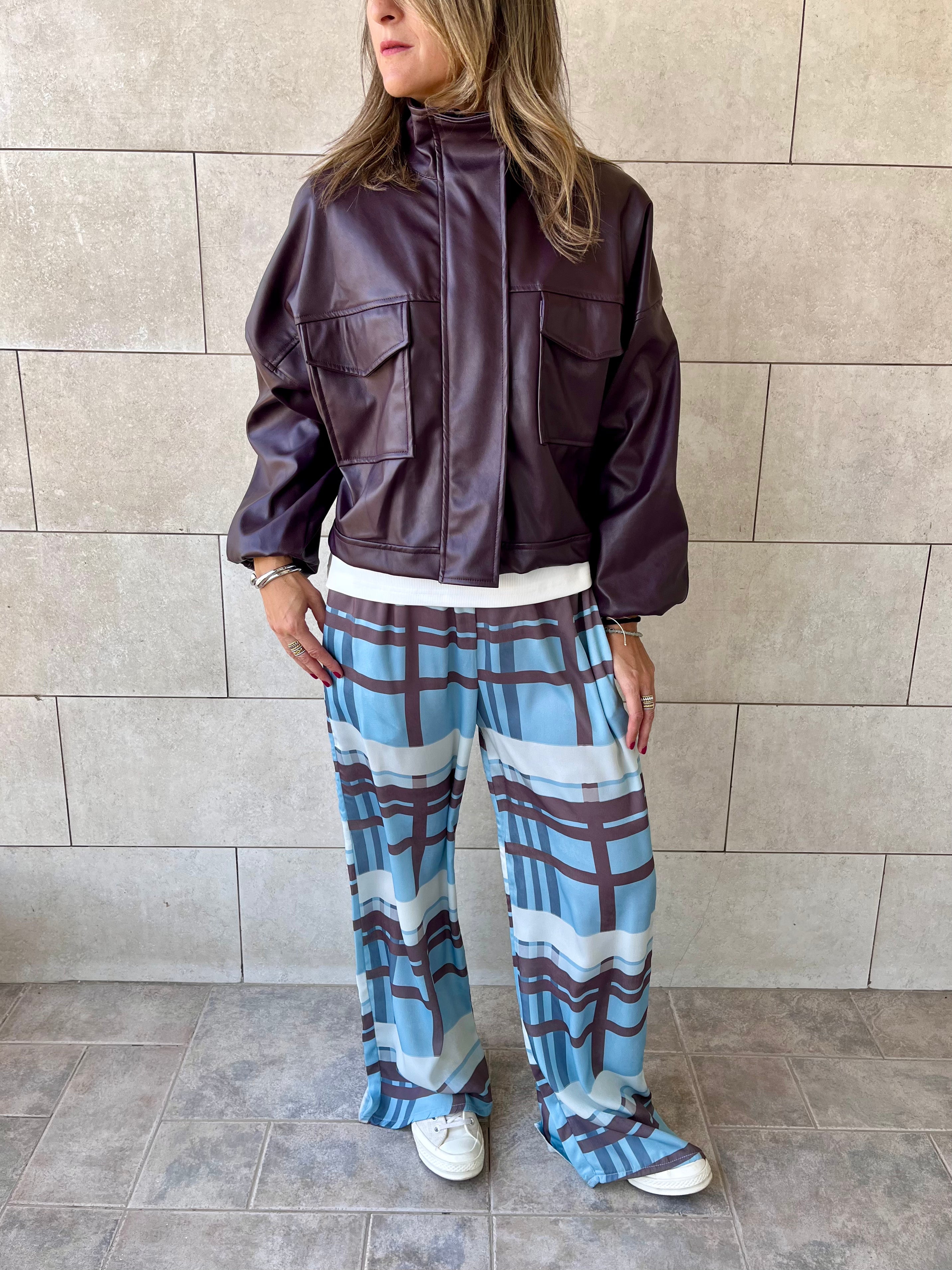 Plum Funnel Neck Leather Jacket