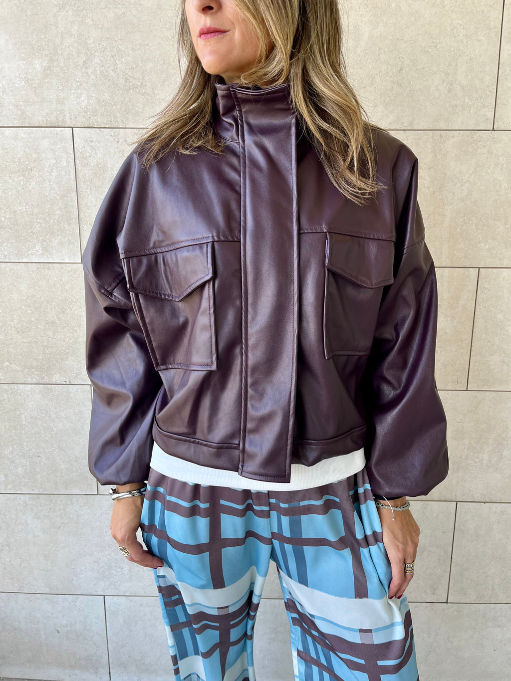Plum Funnel Neck Leather Jacket