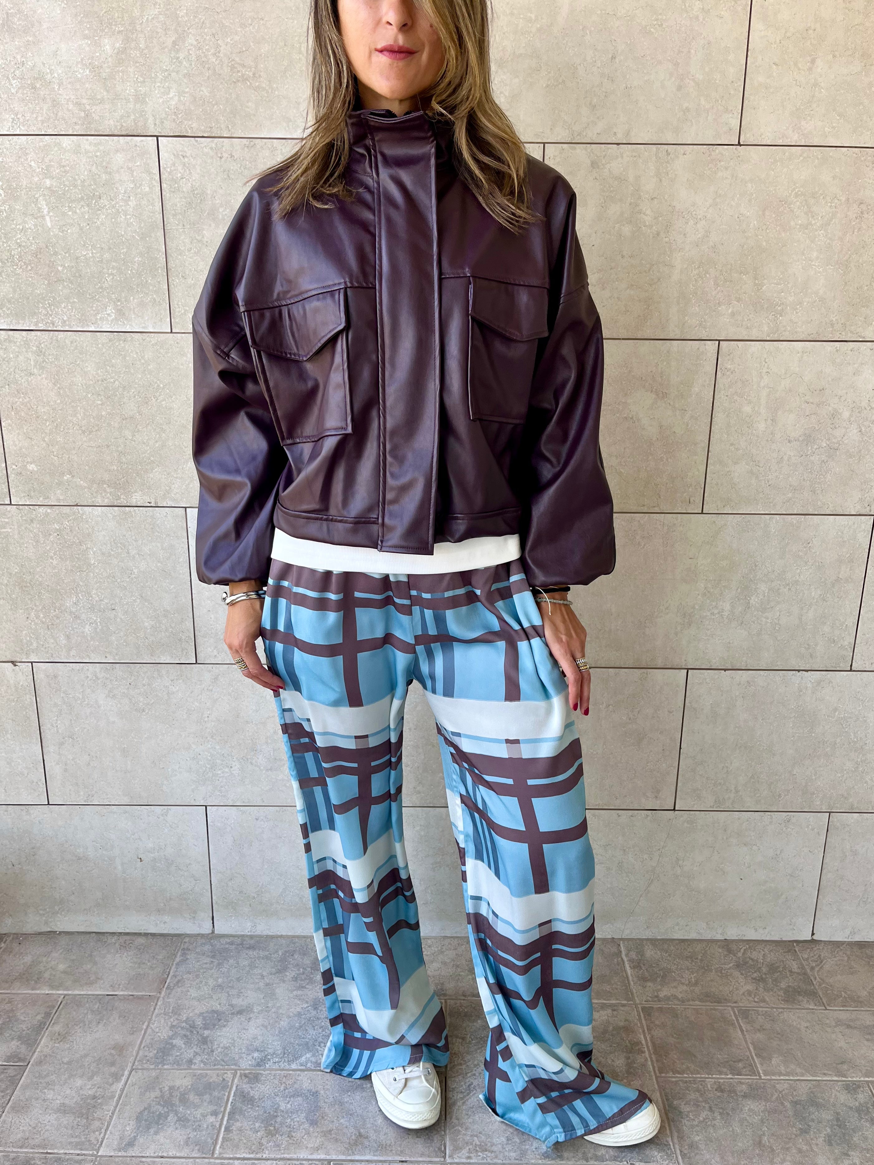 Plum Funnel Neck Leather Jacket