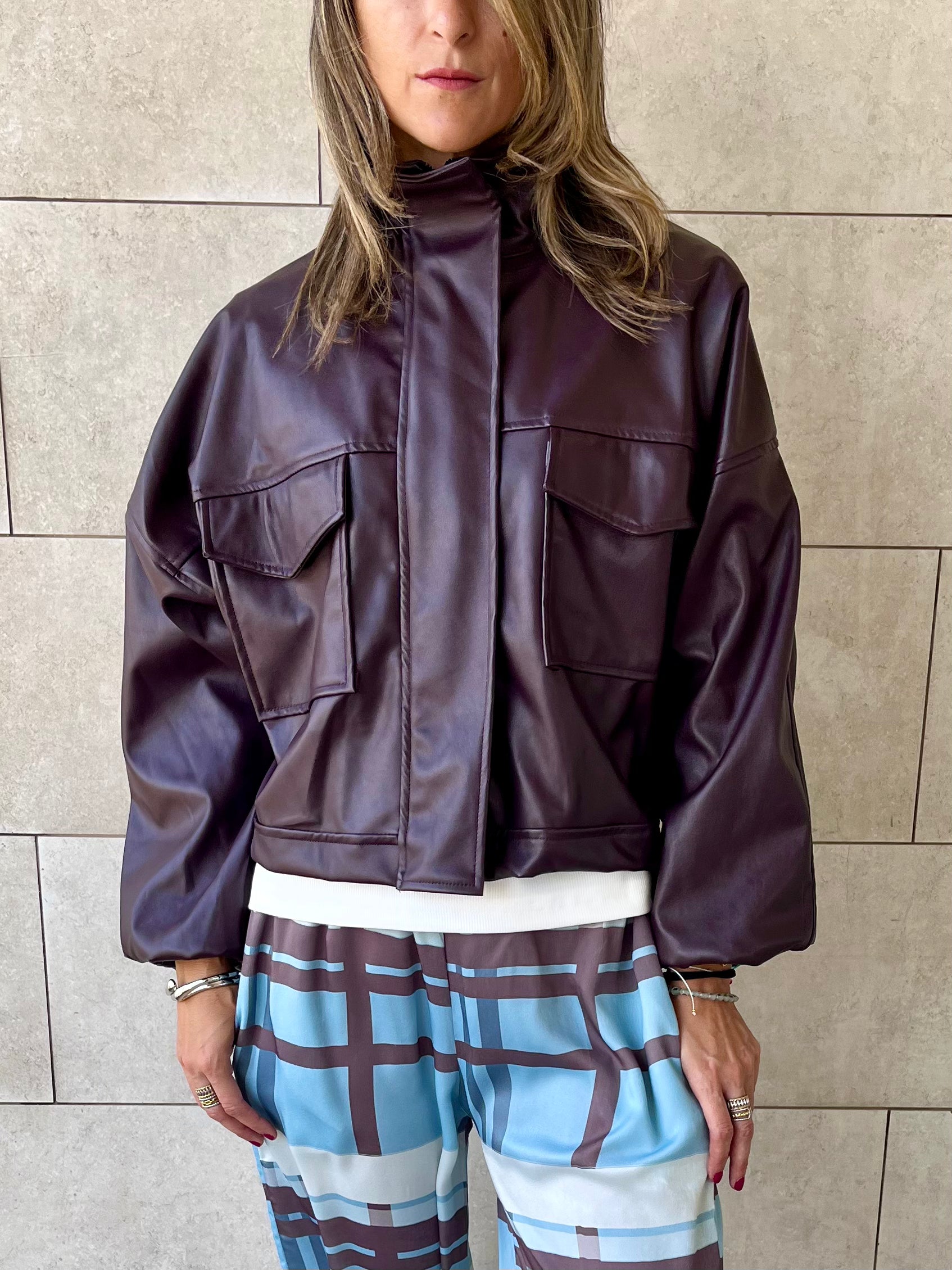 Plum Funnel Neck Leather Jacket