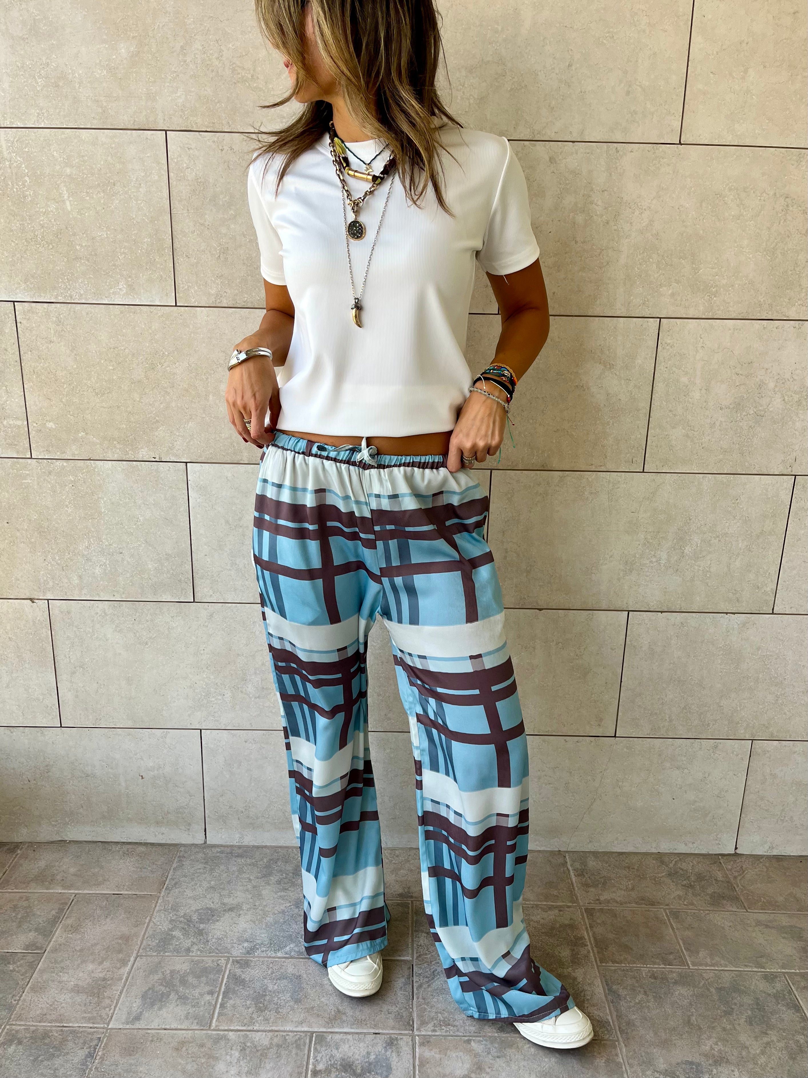 Baby Blue Plaid Satin Rope Pants