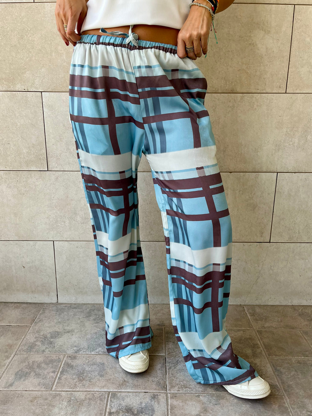 Baby Blue Plaid Satin Rope Pants