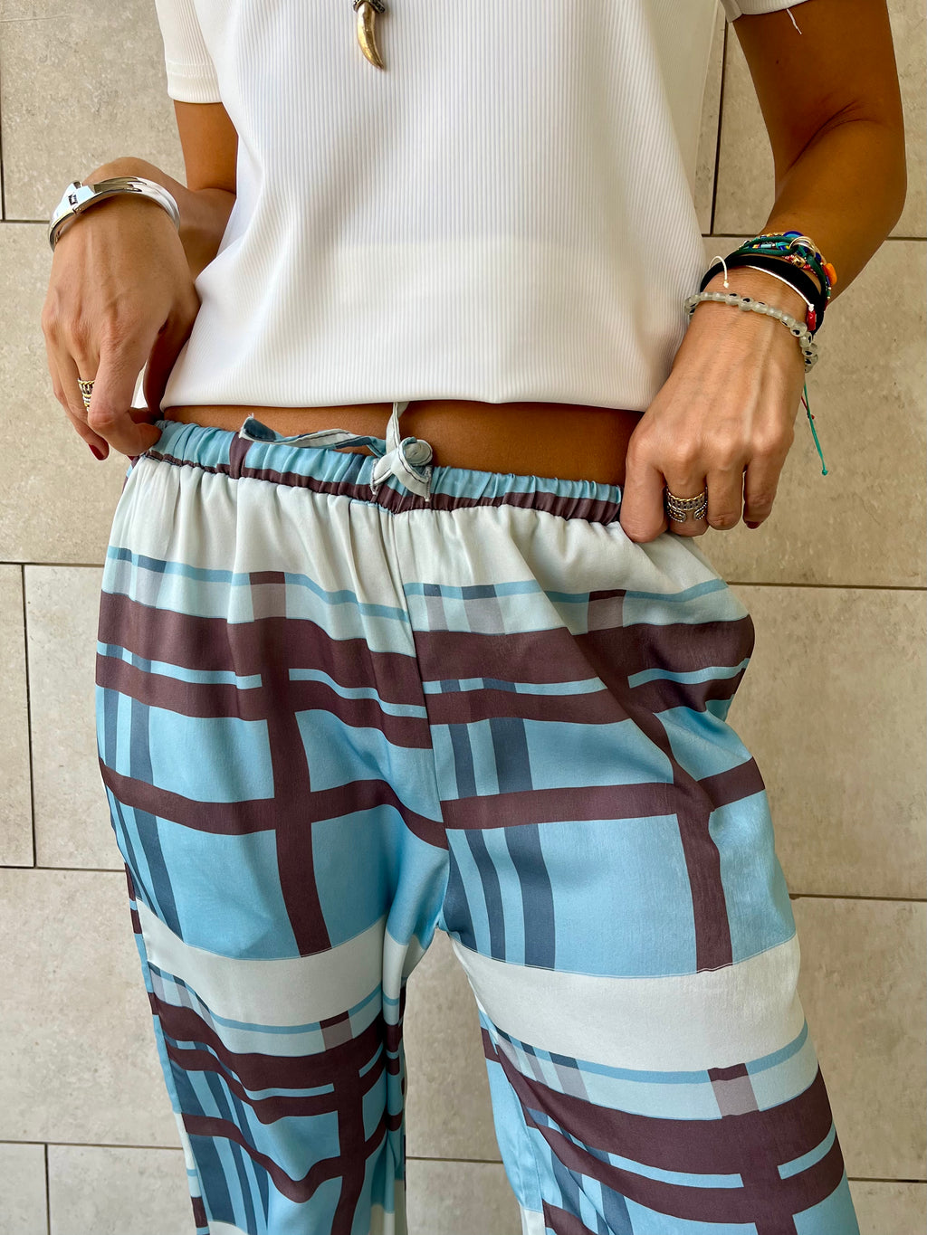 Baby Blue Plaid Satin Rope Pants