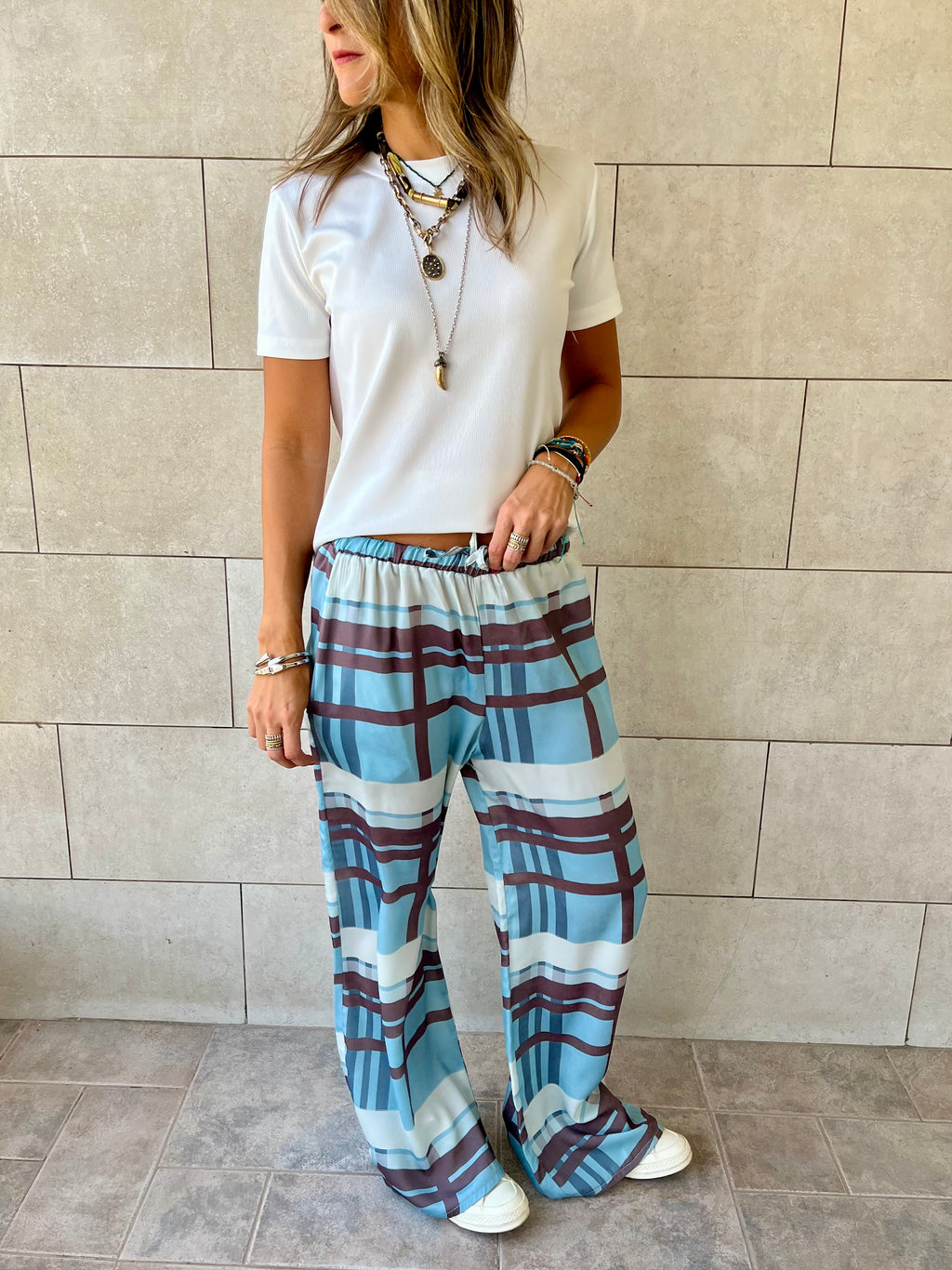 Baby Blue Plaid Satin Rope Pants