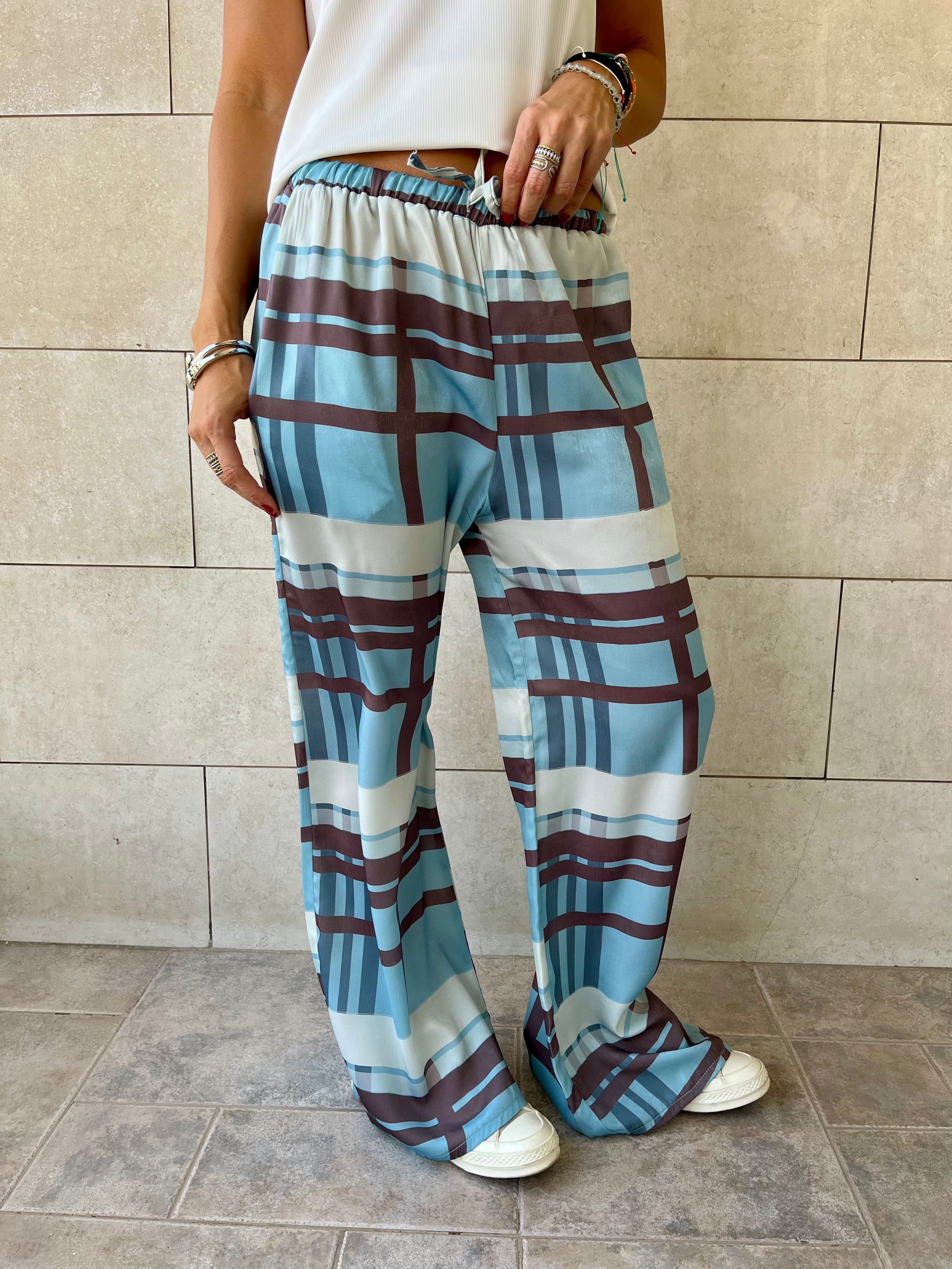 Baby Blue Plaid Satin Rope Pants