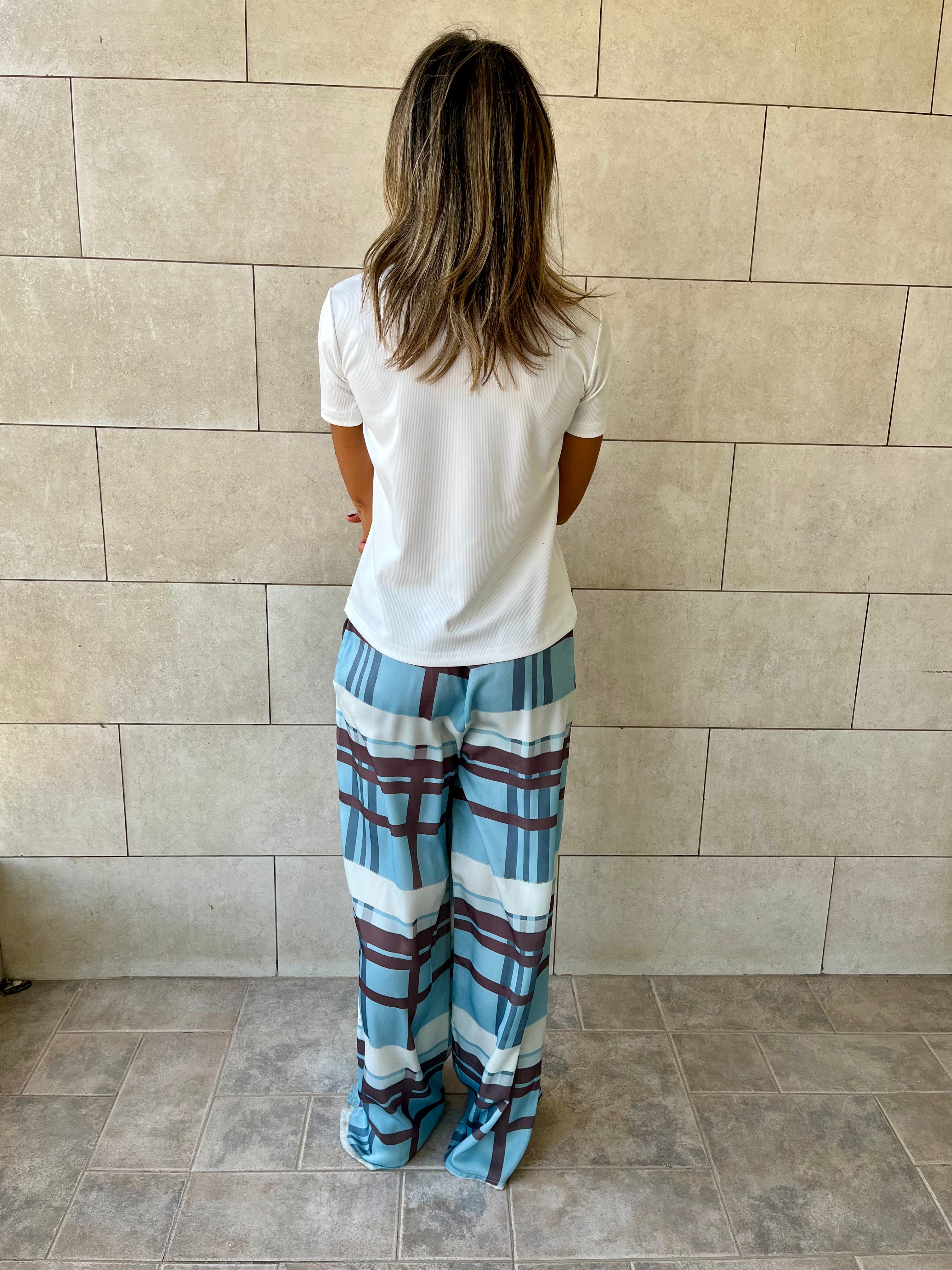 Baby Blue Plaid Satin Rope Pants