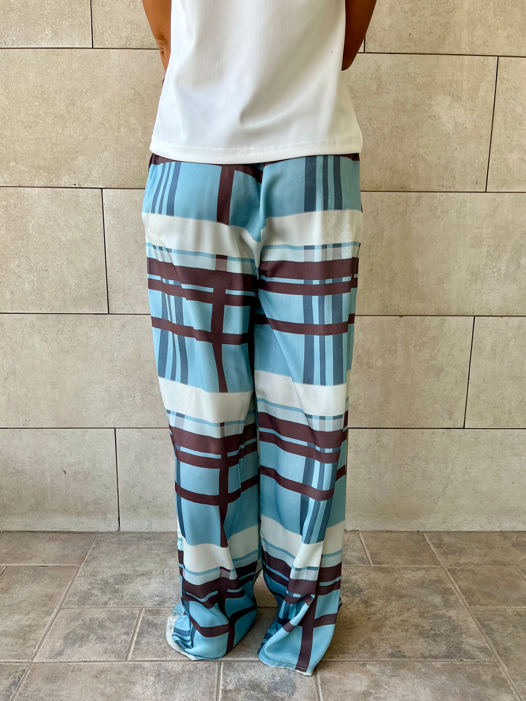 Baby Blue Plaid Satin Rope Pants