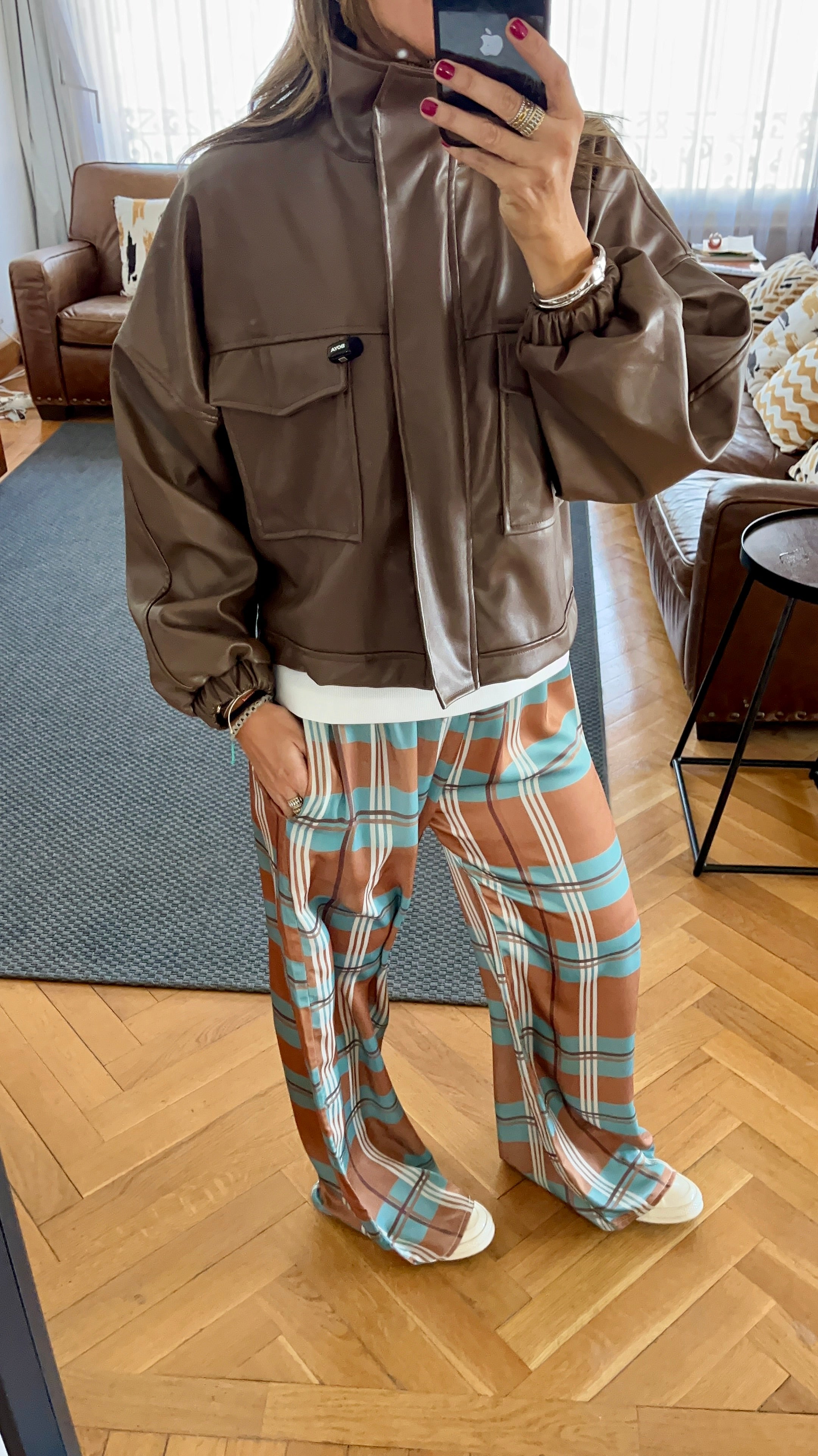 Brown Funnel Neck Leather Jacket