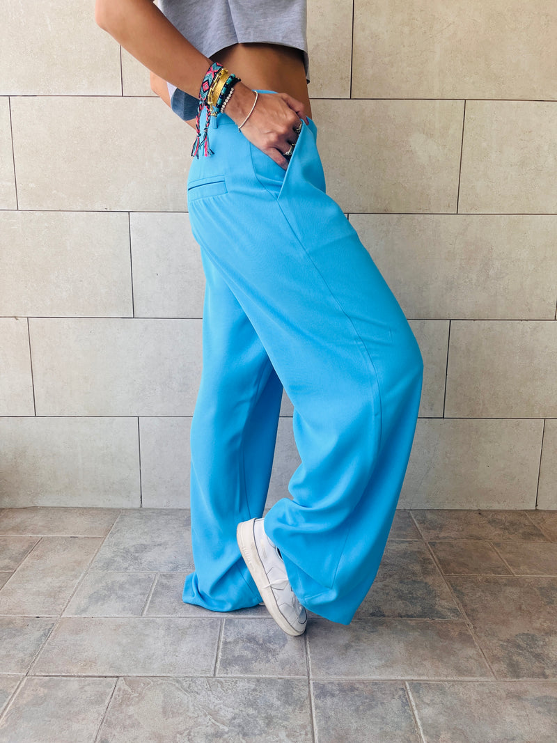 Baby Blue Solid Low Waist Pants