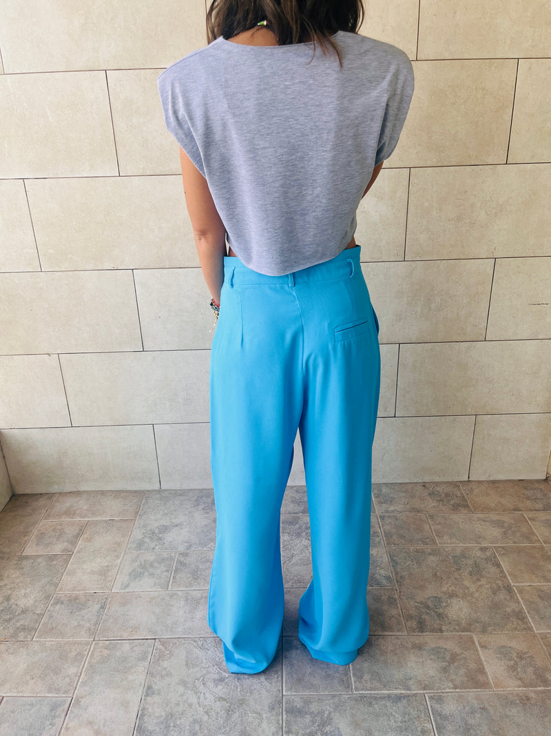 Baby Blue Solid Low Waist Pants