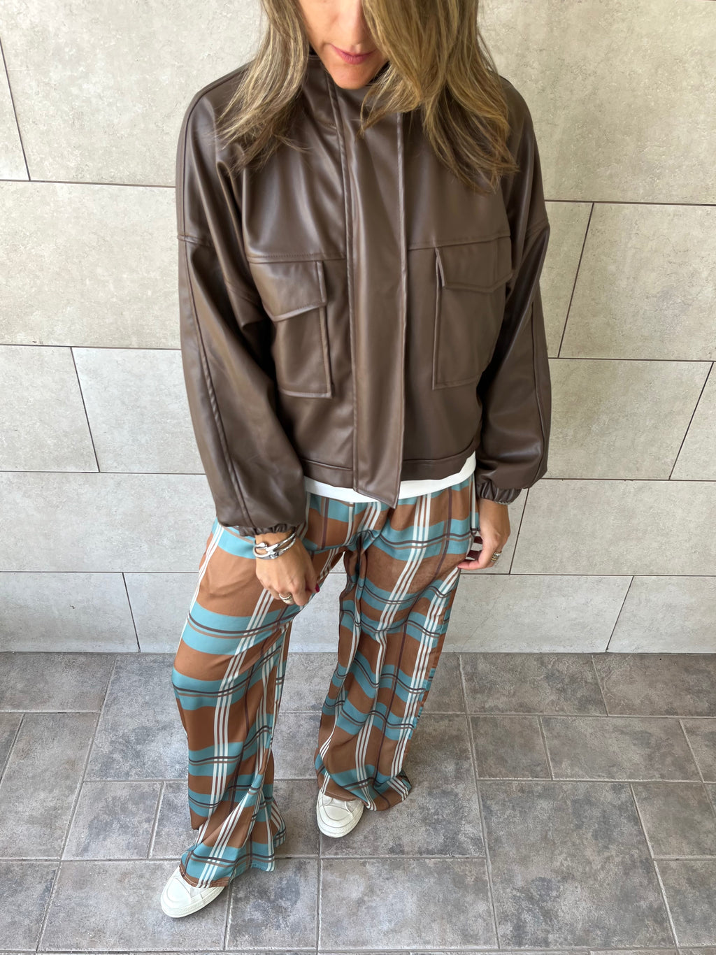 Brown Funnel Neck Leather Jacket