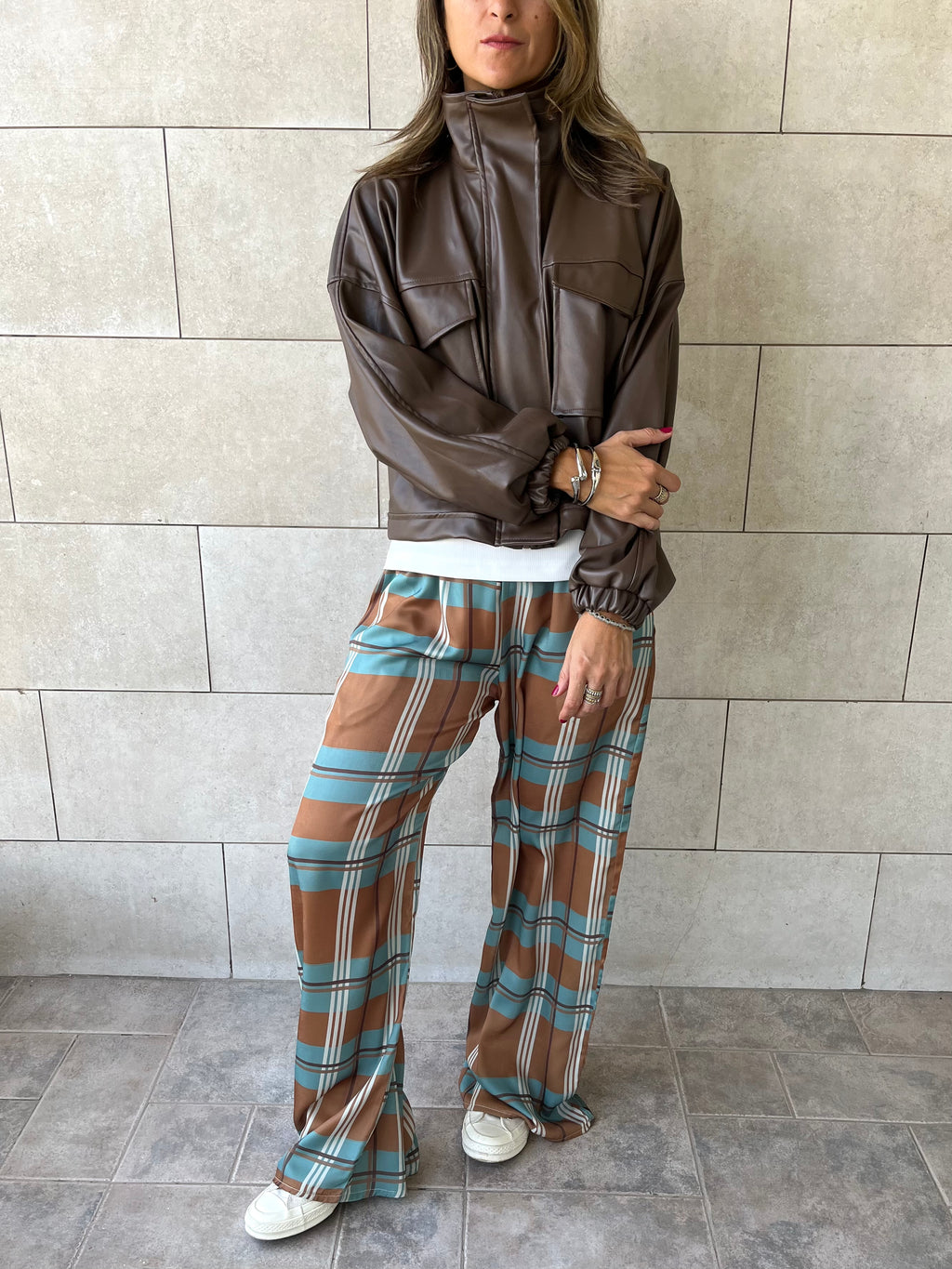 Brown Funnel Neck Leather Jacket