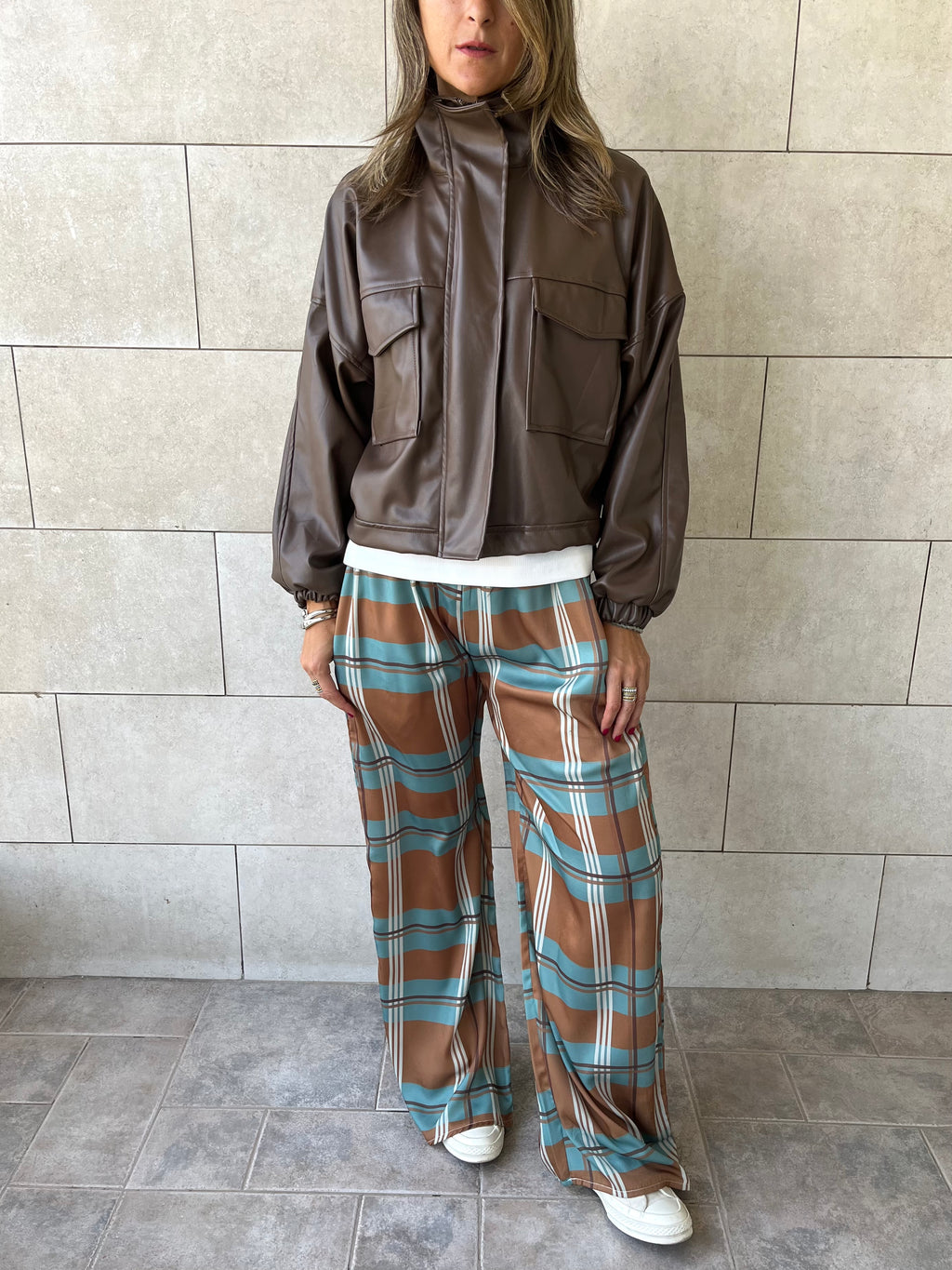 Brown Funnel Neck Leather Jacket