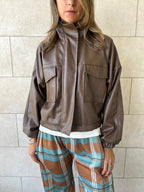 Brown Funnel Neck Leather Jacket