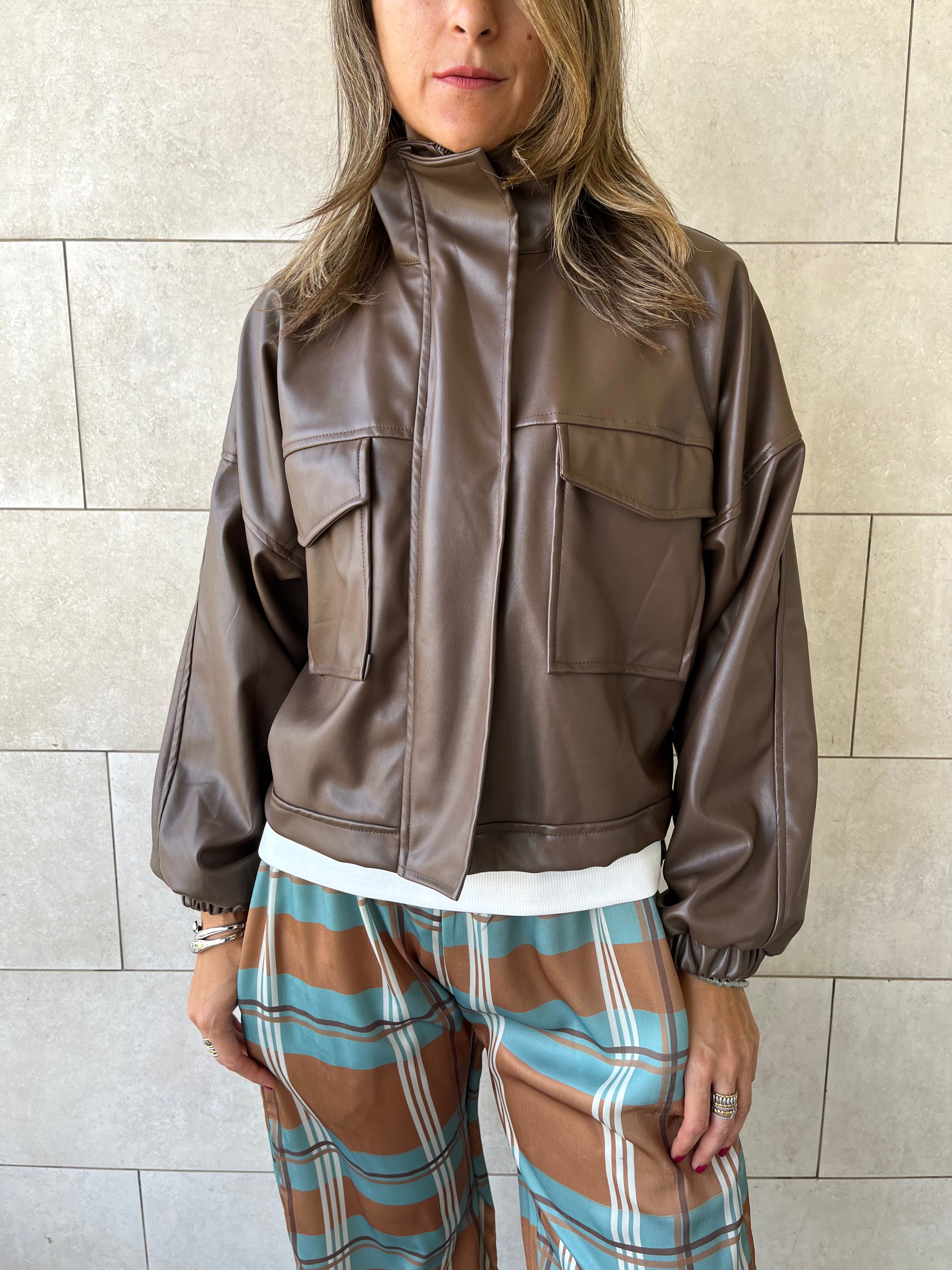 Brown Funnel Neck Leather Jacket