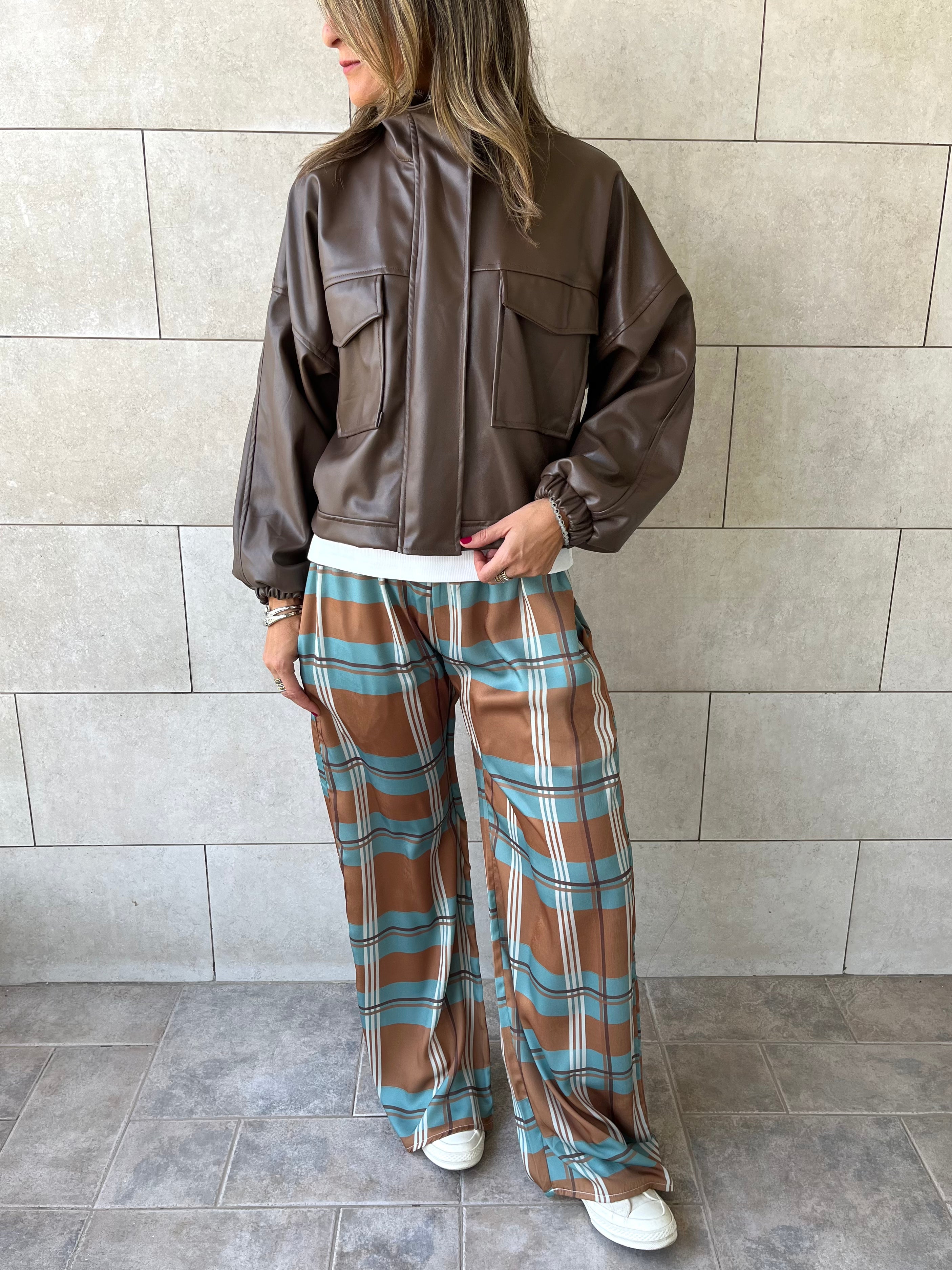 Brown Funnel Neck Leather Jacket