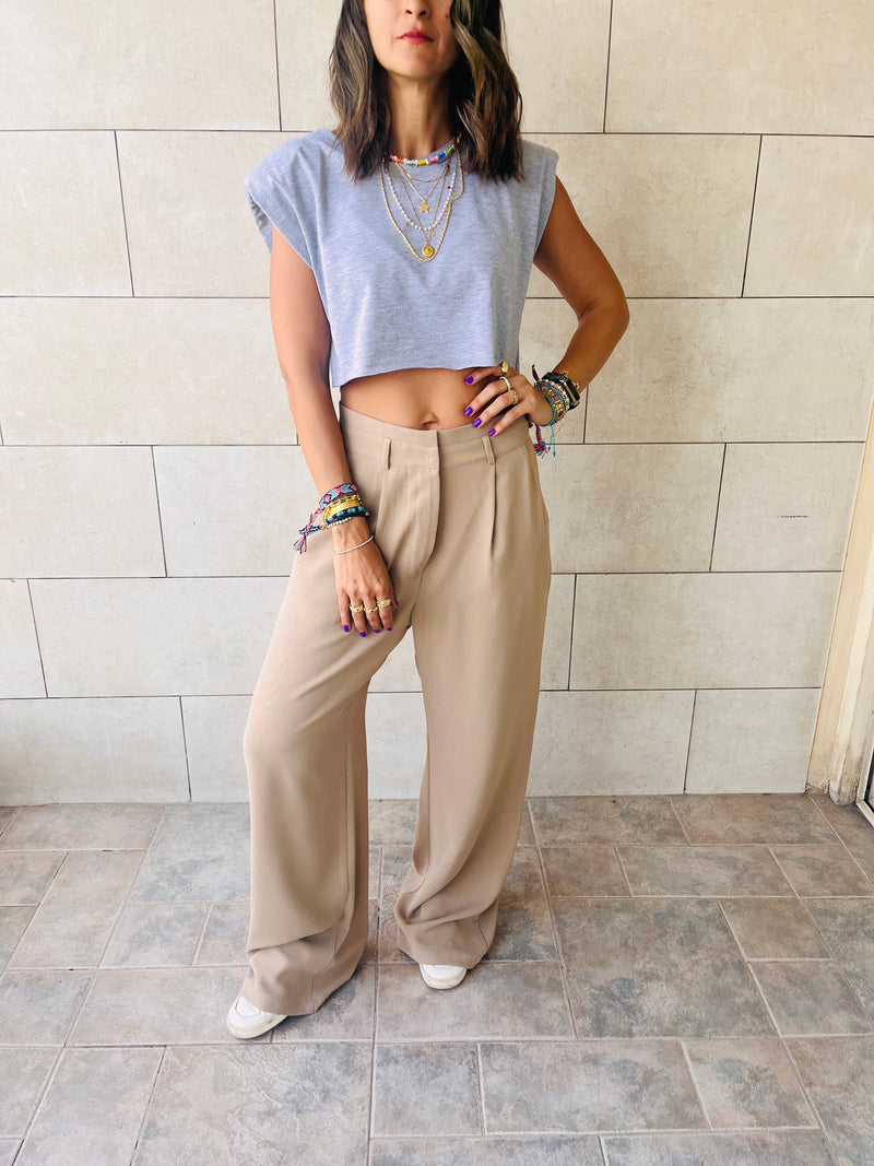 Beige Solid Low Waist Pants