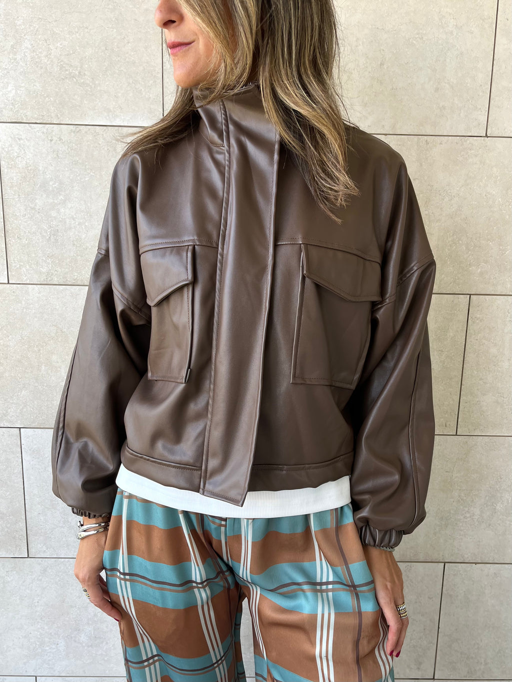 Brown Funnel Neck Leather Jacket