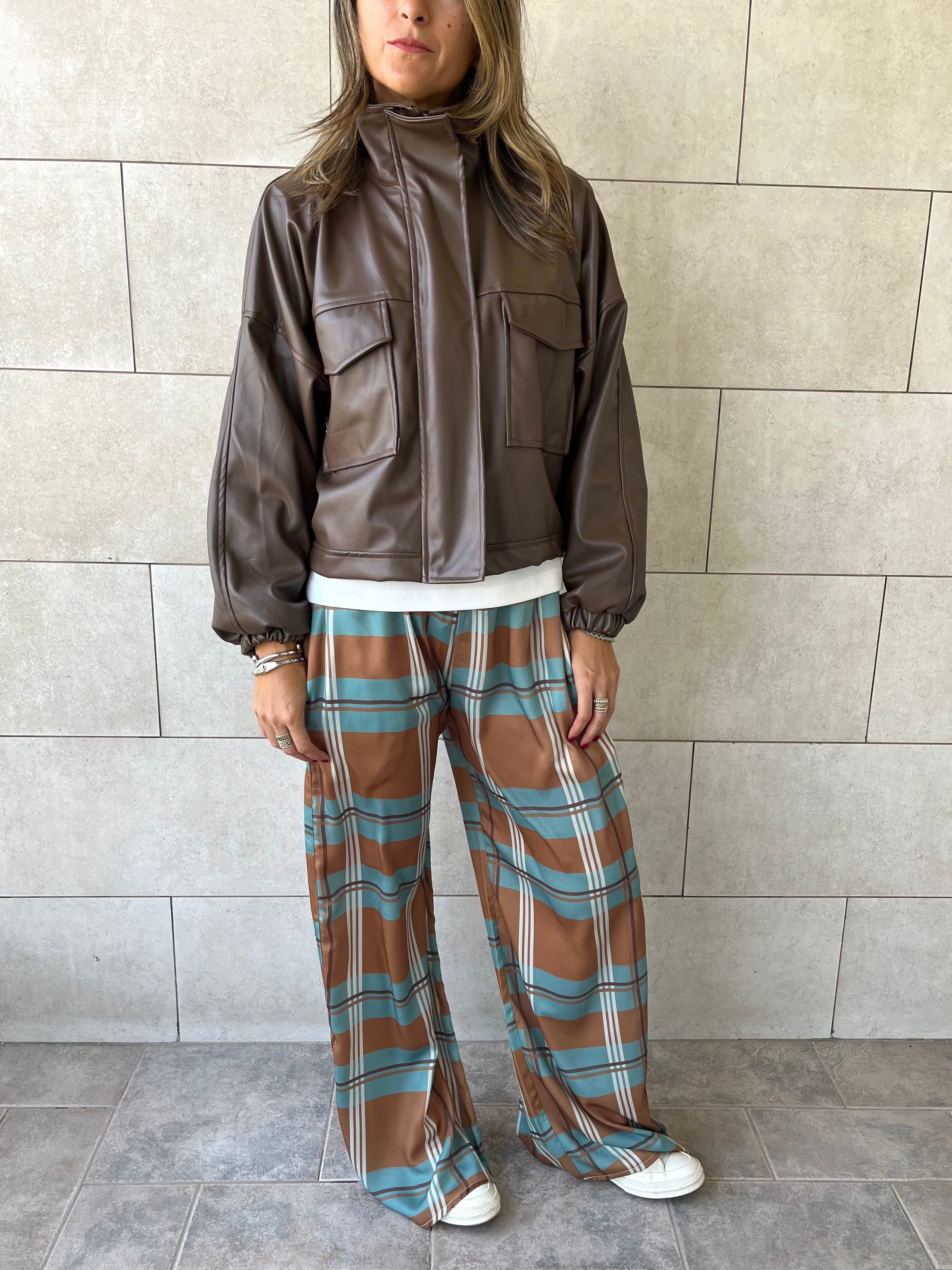 Brown Funnel Neck Leather Jacket