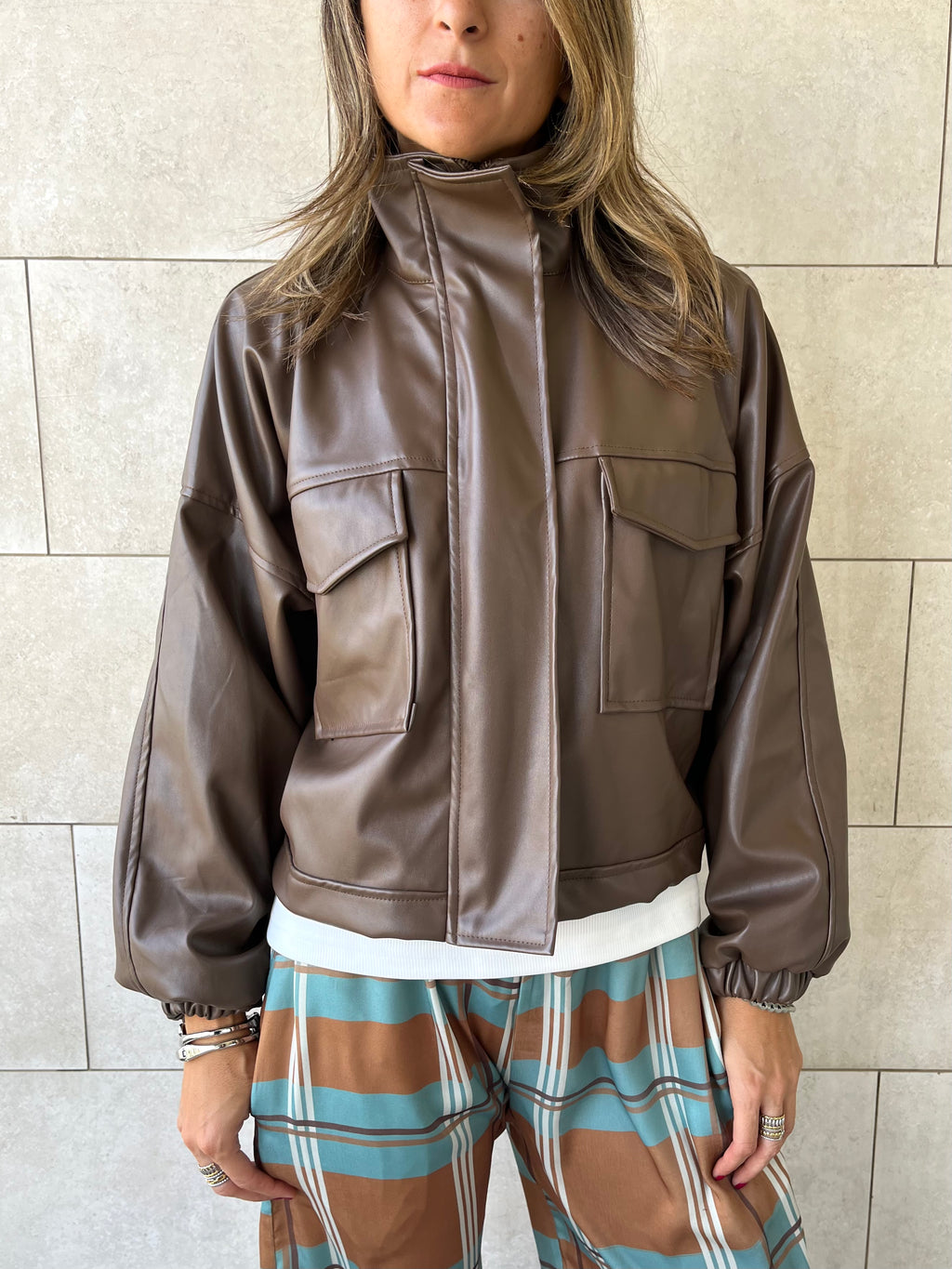 Brown Funnel Neck Leather Jacket