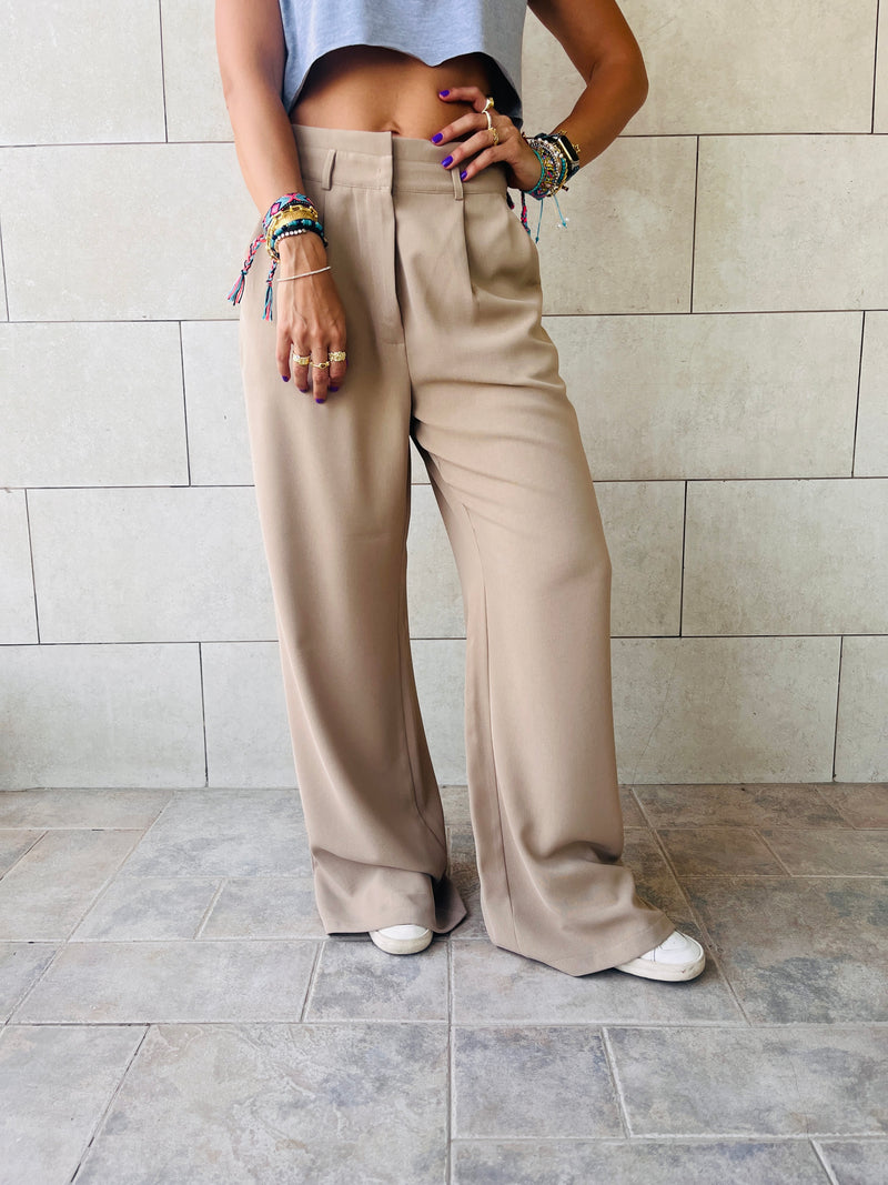 Beige Solid Low Waist Pants