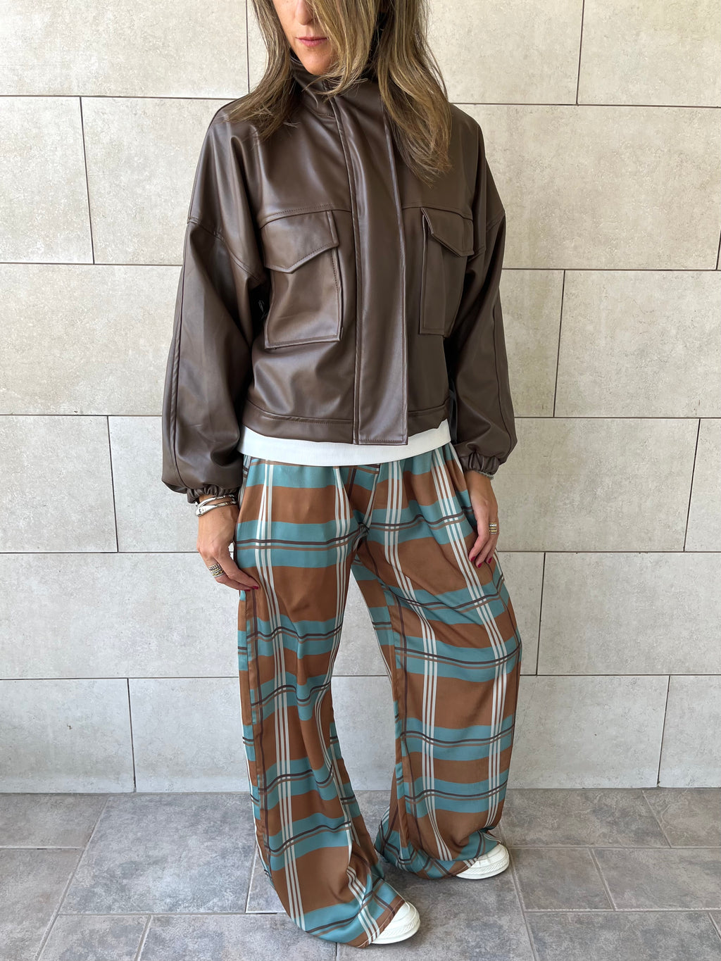 Brown Funnel Neck Leather Jacket