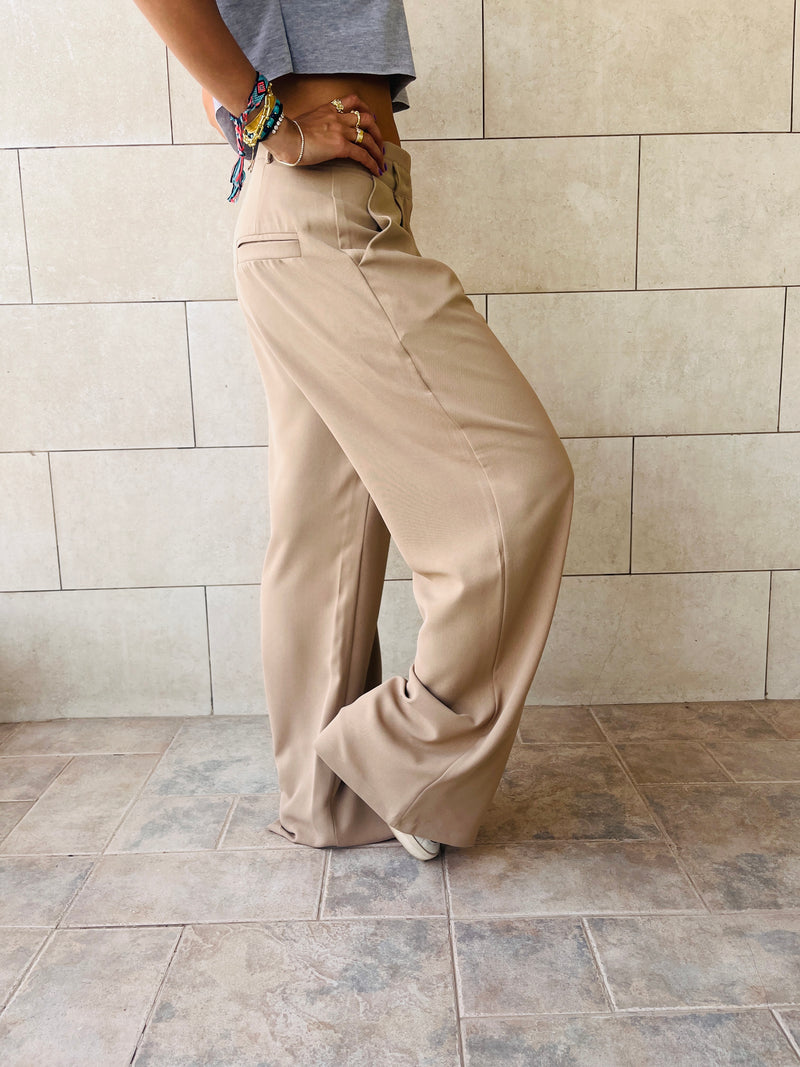 Beige Solid Low Waist Pants