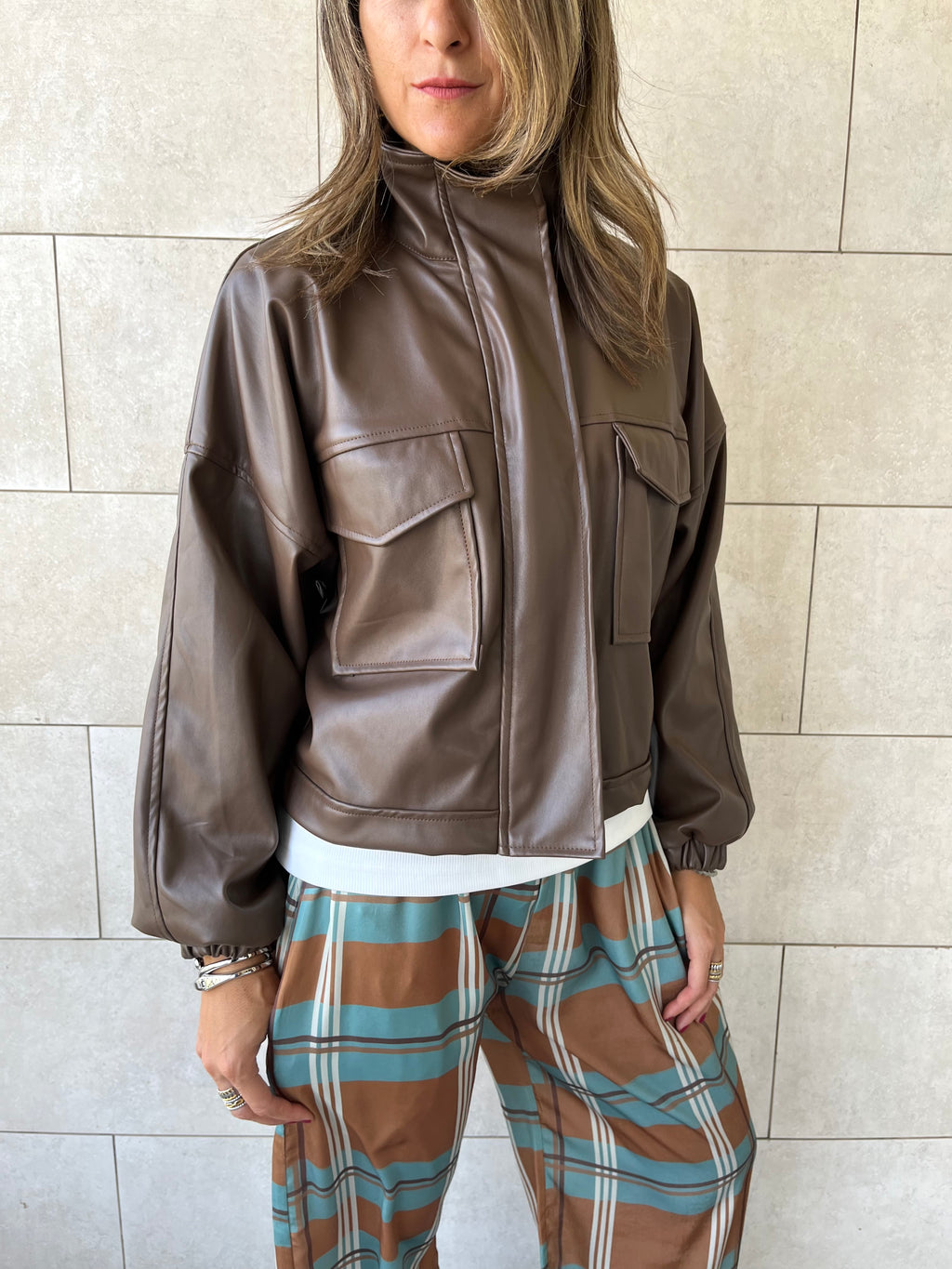Brown Funnel Neck Leather Jacket